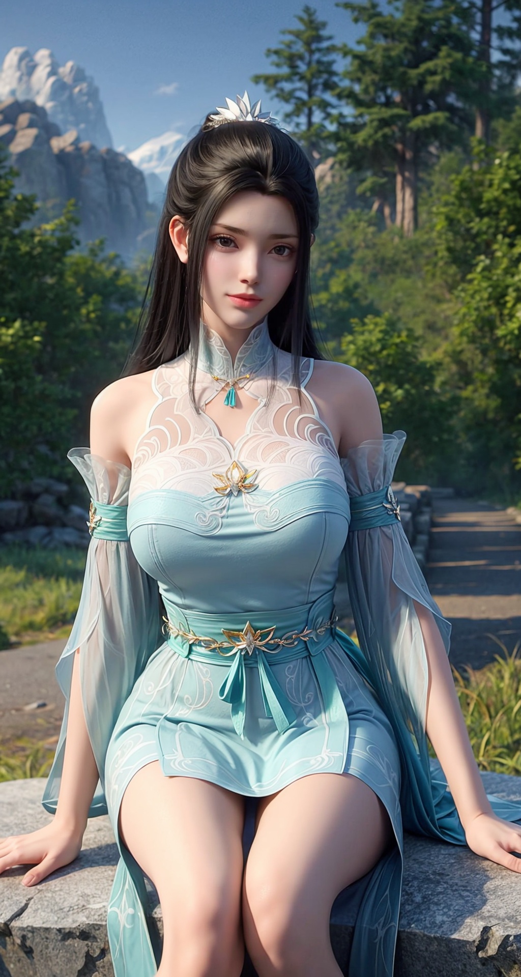 1girl,solo,black hair,long hair,sash,jewelry,hair ornament,bare shoulders,necklace,off-shoulder dress,<lora:add_detail细节增加:0.7>,scenery,outdoors,tree,day,sky,nature,mountain,forest,rock,blue sky,long_legs,huge filesize,realistic,reality,<lora:熏儿:0.7>,long_legs,close-up,solo_focus,sitting,looking_at_viewer,