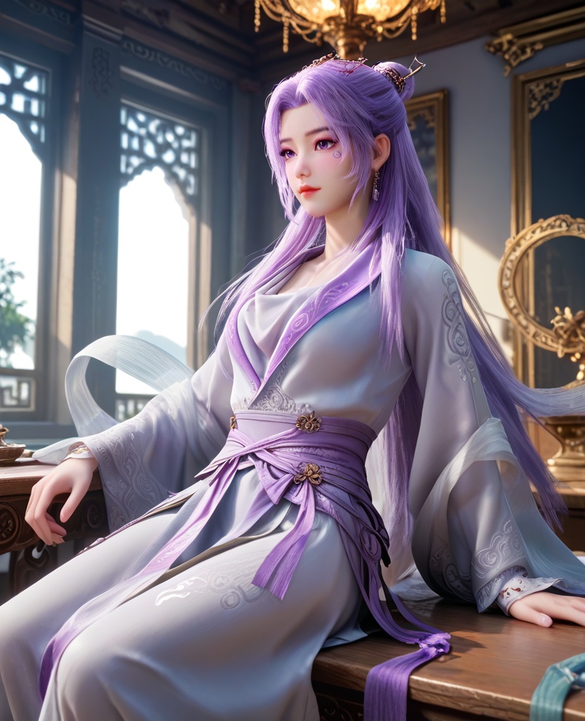 (oriental architecture, elegant decor, sophisticated style:1.1),(knees to chest:1.1),(breasts:1.2),<lora:XL师兄啊云霄:0.95>,miss yunxiao,chinese clothes,purple hair,purple eyes,a mark under the left eye,single hair bun,long sleeves,earrings,hairpin,sash,, score_9,score_8_up,score_7_up,score_6_up,score_5_up,score_4_up,3d rendering,tag1,tag2, Cinematic Lighting,backlighting,