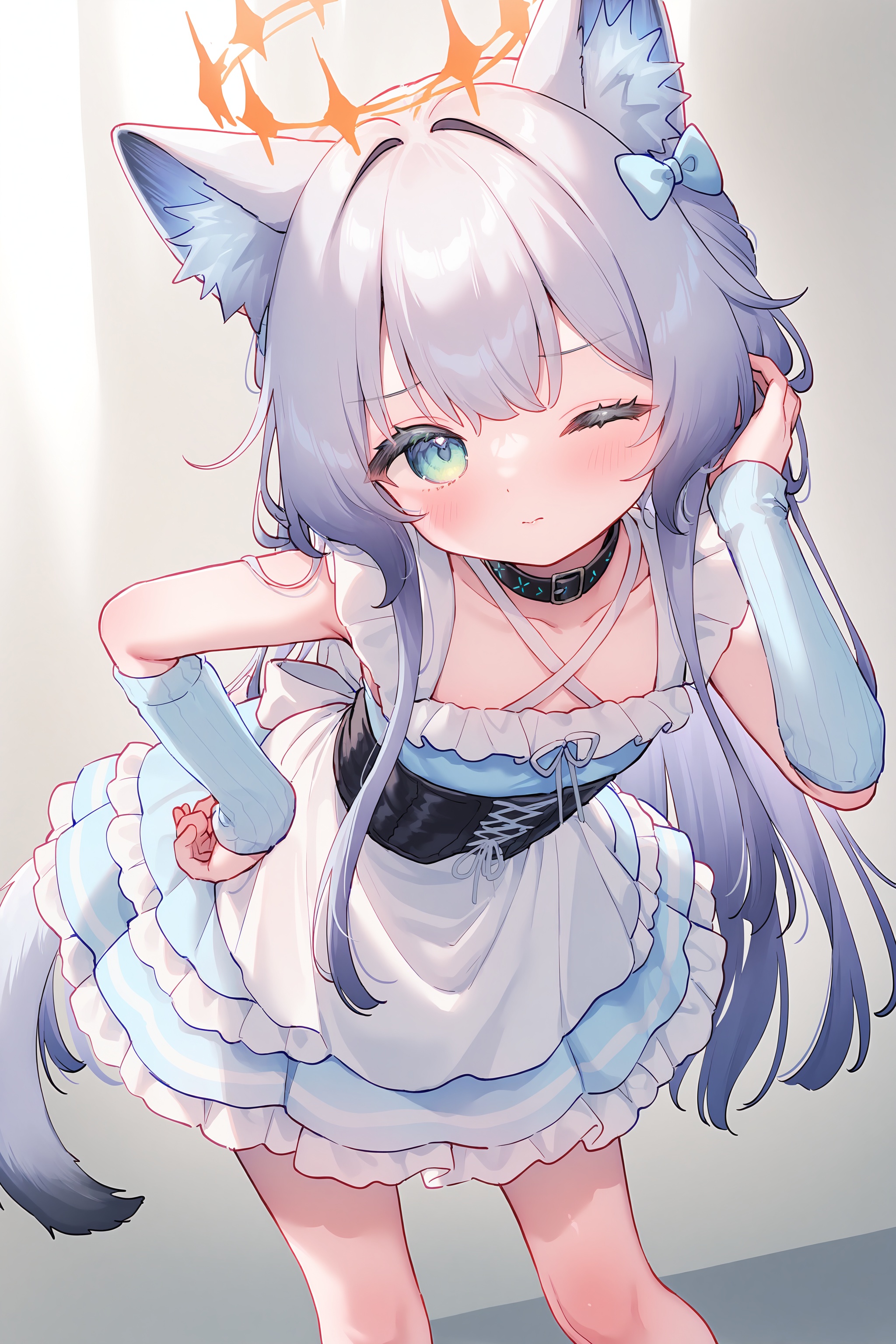 masterpiece,best quality,highly detailed,1girl,solo,loli,petite,rosmontis (arknights),1girl,purple hair,animal ears,winking,one eye closed,blushing,looking at viewer,hand on head,halo,crown,blue dress,corset,frills,ribbon,bow,criss-cross lacing,ruffled skirt,apron,arm warmers,choker,collar,bare legs,cowboy shot,bending over,hand on hip,<lora:NTS_STYLE:0.9>,nts_style,from above,light,