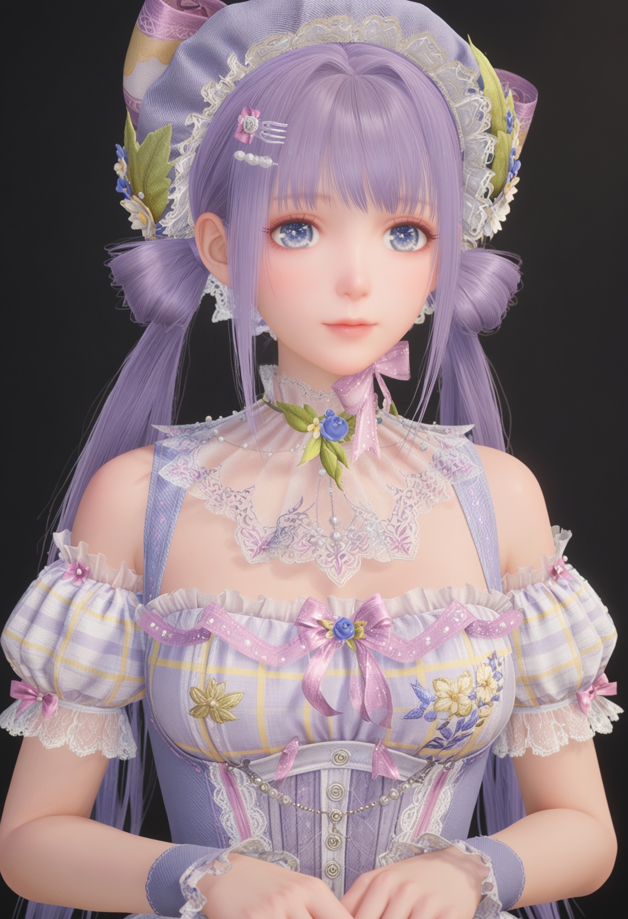 (score_9:1.1),(perfect_anatomy:1.1),upper_body,blurry background,depth of field,(looking_at_viewer:1.1),<lora:YQponynuannuan7V5:0.8>,1girl,q1528437228,solo,purple hair,long hair,dress,bow,hair ornament,hat,socks,twintails,blue eyes,flower,hair bow,high heels,wrist cuffs,frills,frilled dress,lace,huge breasts,fair_skin,white_skin,shiny_skin,Ivory_skin,perfect_anatomy,(simple background,pure black background,black background:1.3) BREAK perfect_anatomy,(score_9:1.1),cinematic lighting,volumetric lighting,professional lighting,fair_skin,white_skin,shiny_skin,Ivory_skin,perfect_anatomy,