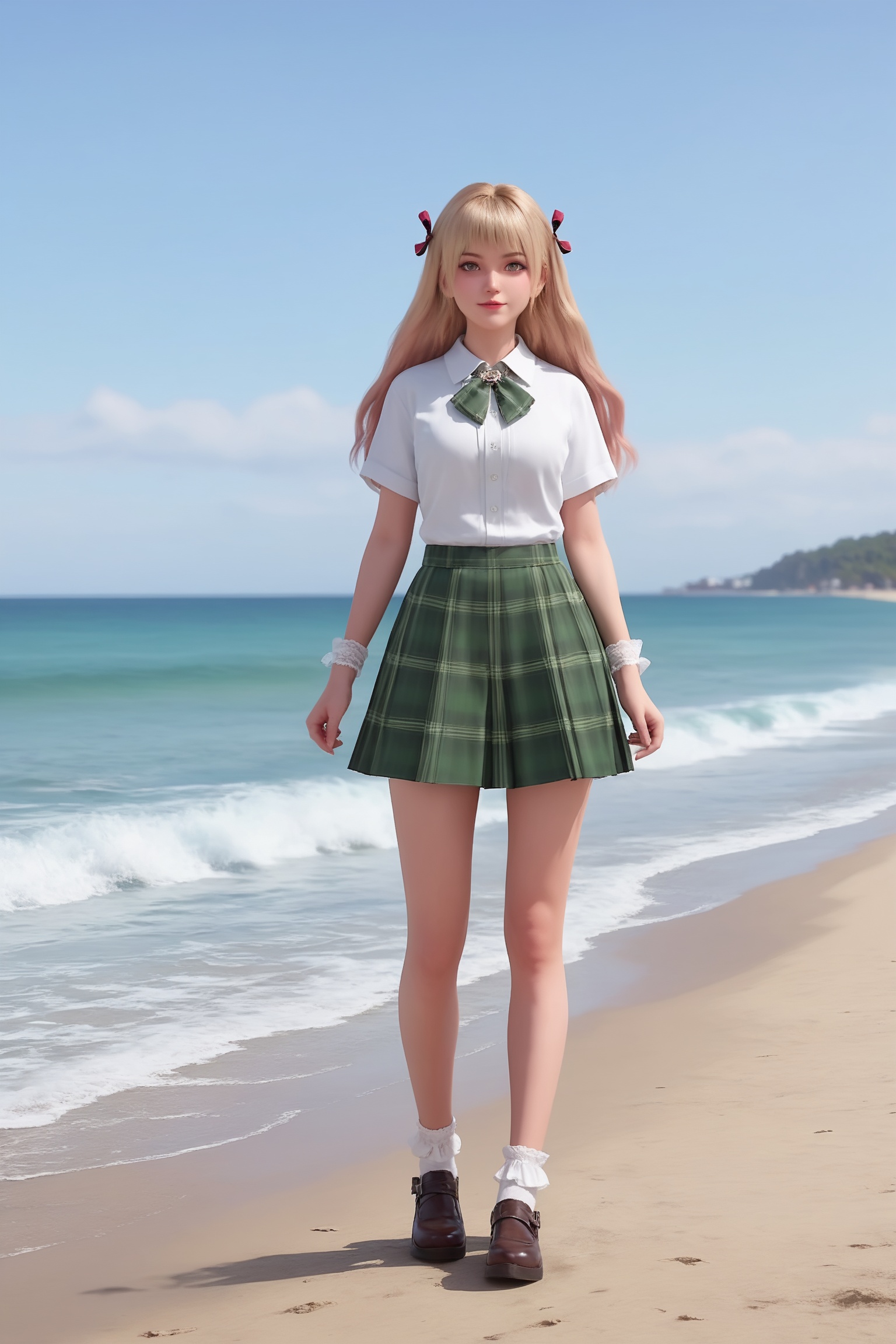 realistic style photo outstanding style,tall,cute,in her teens. Use soft lighting to cast gentle shadows on the subject,adding a touch of dimension to your images without compromising details,score_9,score_8_up,score_7_up,Seaside,beach,waves,full body,<lora:反派初始化-乔伊-校服Pony:0.6>,long,light blonde hair,red ribbon,a white,short-sleeved blouse,high collar,neatly tucked into a green plaid skirt,large green plaid bow tied,school uniform,white lace cuff,