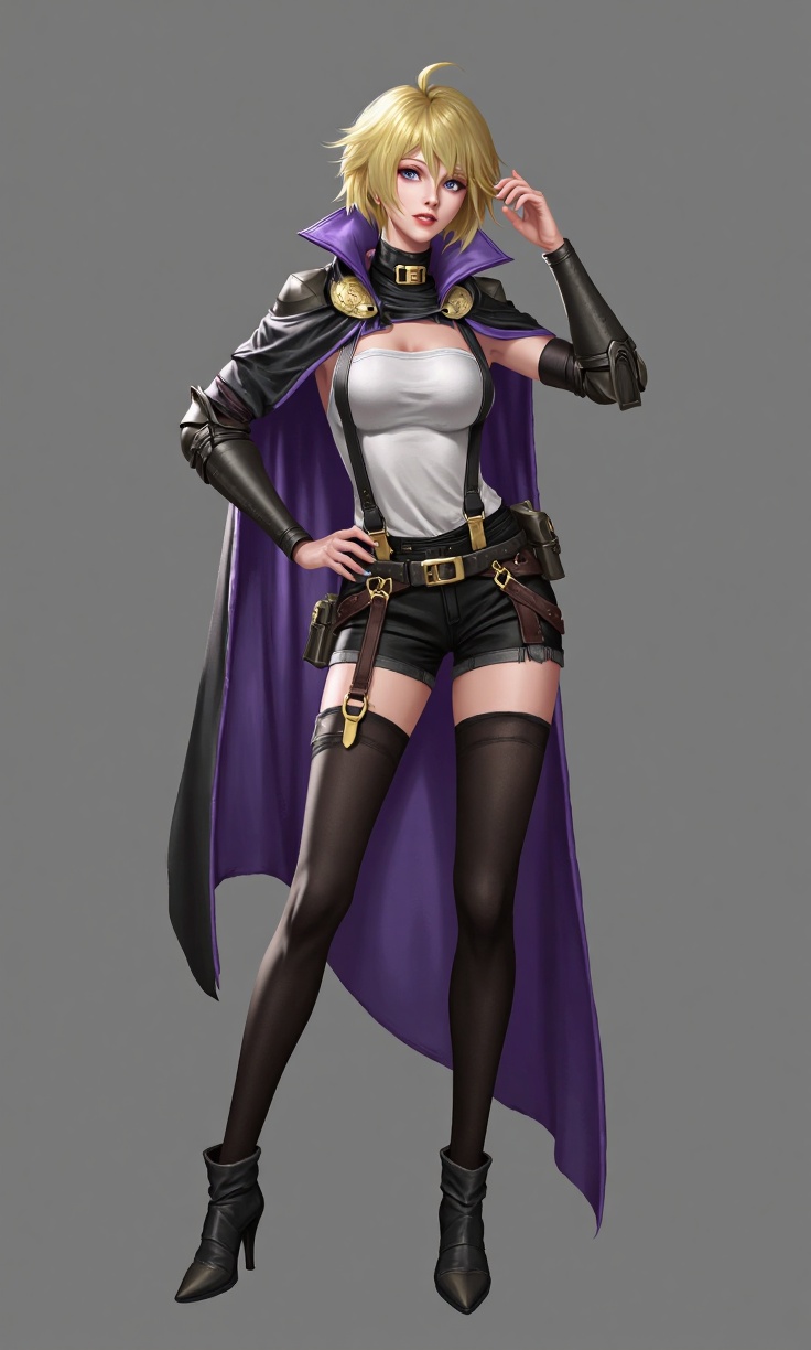 She has short blonde hair and wears a unique outfit. Her upper body is dressed in a white top paired with black suspenders and arm guards,appearing both efficient and fashionable. Her lower body is adorned with black tight shorts,complemented by black thigh-high stockings and black high heels,giving the overall look a modern and fashionable touch. Additionally,she drapes herself in a purple cloak,adding a sense of mystery and elegance. Her posture is confident and graceful,with her right hand on her waist and her left hand raised,seemingly in the process of fixing her hair or making some gesture.,