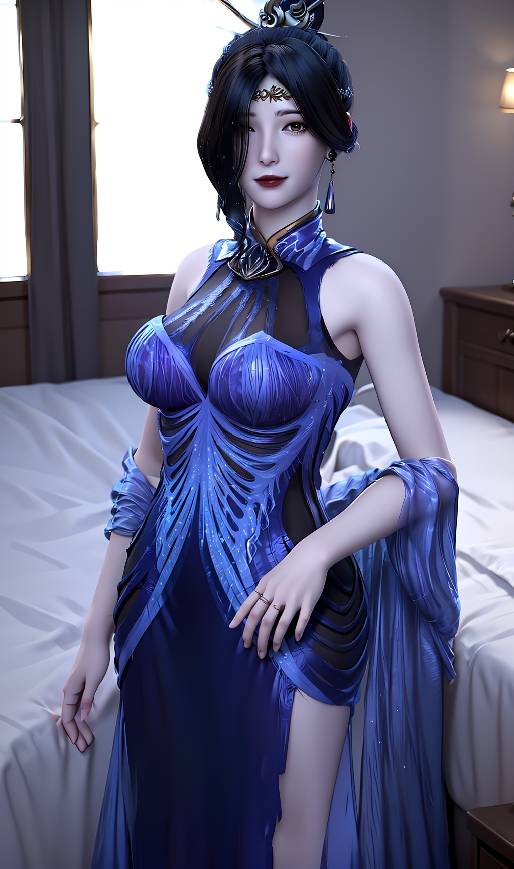 3D,masterpiece,(best quality),(makeup),official art, extremely detailed cg 8k wallpaper,((crystalstexture skin)), (extremely delicate and beautiful),(highly detailed),(face),(tiara),(1girl), (solo), (jewelry), (earrings),(black_hair),(long_hair),(hair_ornament),(handwear),(breasts),(standing),((upper_body)),(long_legs),(closed_mouth),(long_dress),(long_skirt),,(chinese_clothes),(multicolored_clothes),(multicolored_dress),(shiny_clothes),(city,indoor,bed),,((looking_at_viewer)),((Facing the camera)),, <lora:hipoly3DModelLora_v10:0.3>