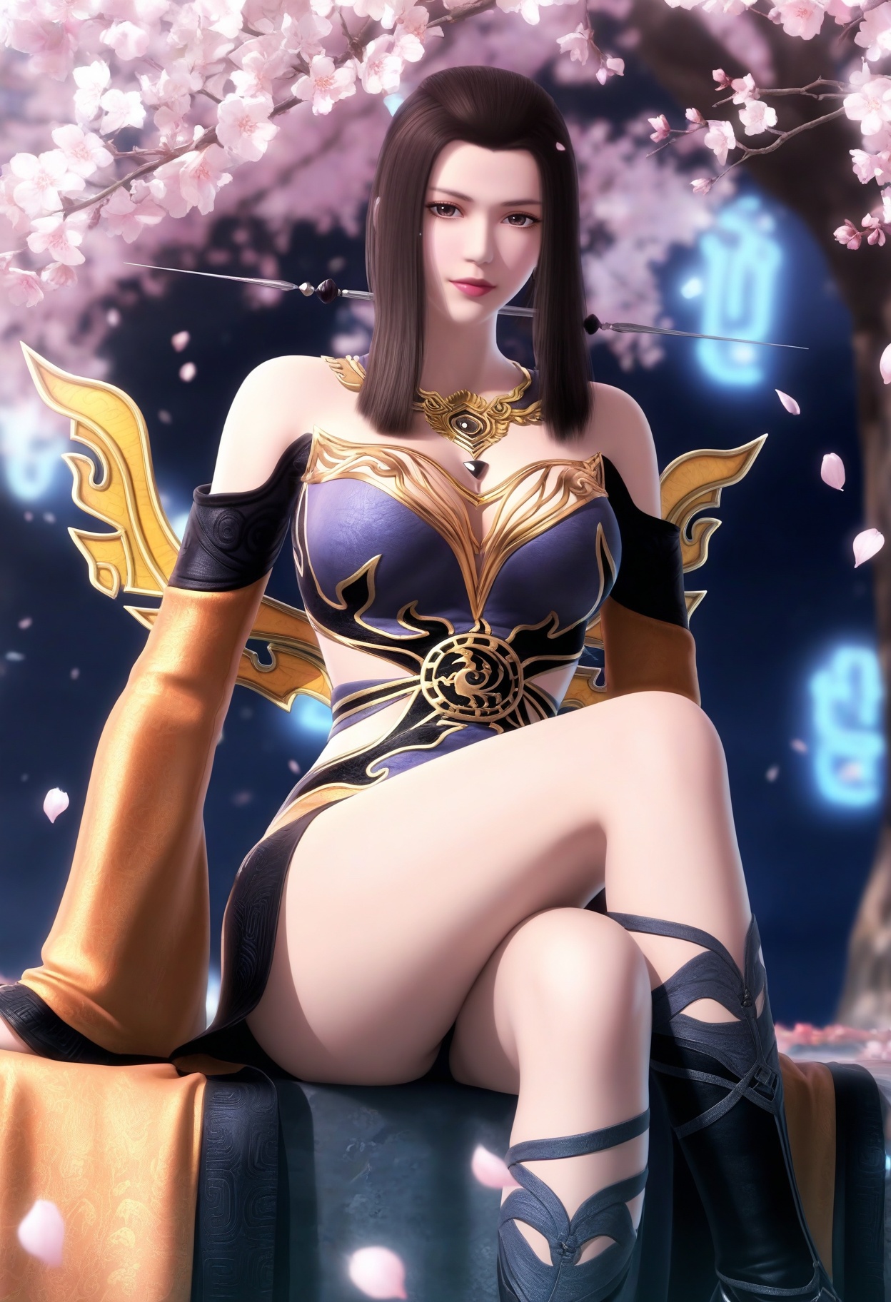 masterpiece,best quality,amazing quality,very aesthetic,high resolution,ultra-detailed,absurdres,scenery,photorealistic,(looking at viewer:1.1),(moody lighting:1.1),peach blossom,falling petals,(large breasts:0.8),yanfei,1girl,solo,long hair,black hair,brown hair,jewelry,dress,brown eyes,necklace,hair ornament,earrings,boots,ponytail,sidelocks,armor,detached sleeves,black footwear,high heels,sitting,(crossed legs:1.3) BREAK photorealistic details,<lora:QQSillyanfeiV1:0.8>,