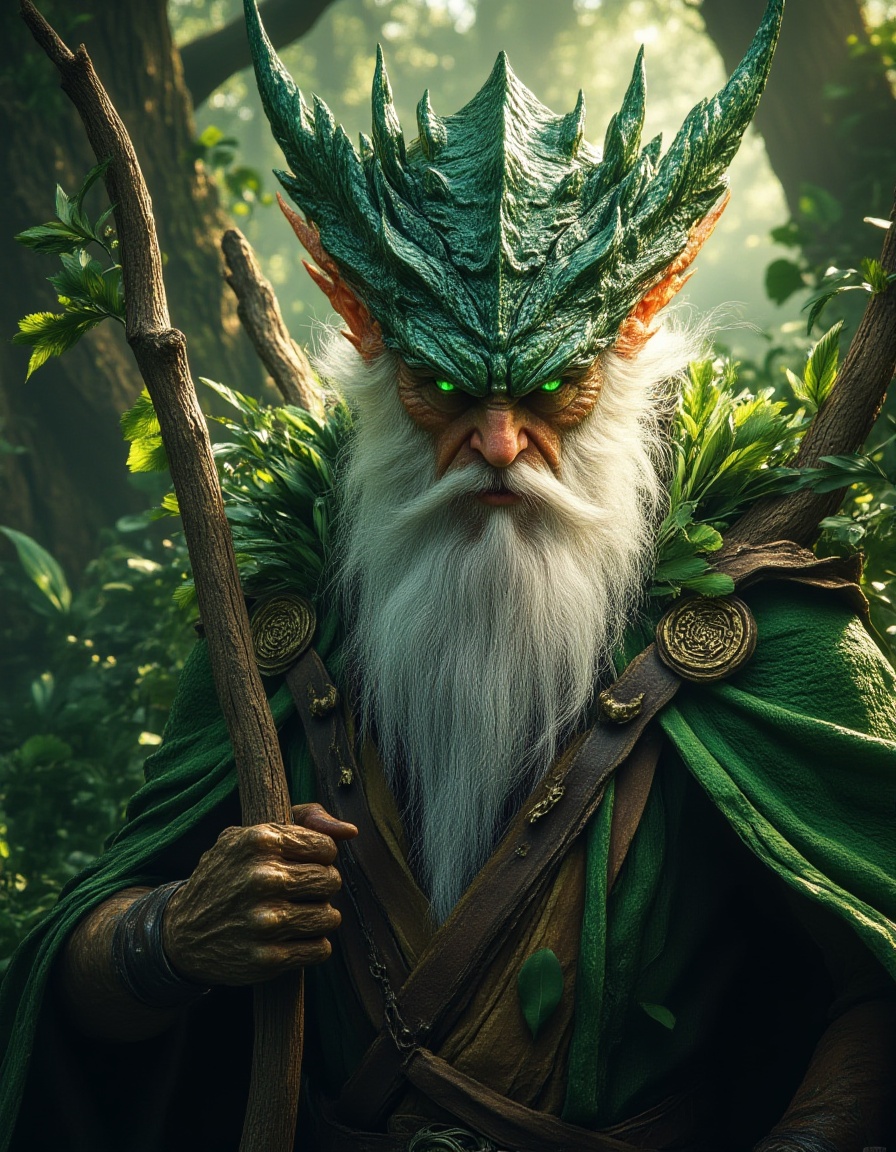 A photograph of a fantasy character, an old wise wizard with a long white beard, wearing a leafy crown and holding a wooden staff. The background is a dense, lush forest with green foliage and dappled sunlight. The wizard's eyes are glowing green, and he has a serious, wise expression. The image is high quality and detailed, with a magical, mystical atmosphere.,<lora:山海lora:1>,