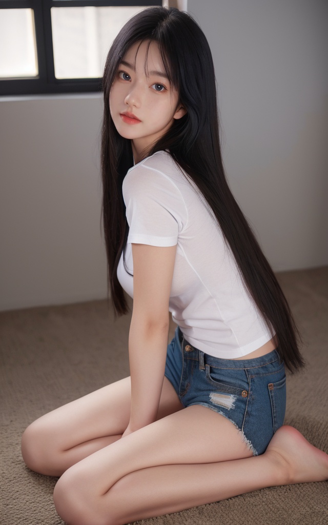 1girl,solo,sitting,long hair,realistic,looking at viewer,black hair,best quality,(high quality:0.9),4k,8k,(masterpiece:1,2),highres,high resolution,8k,RAW photo 8k,ultra high res,upon_body,photorealistic,dslr,8k uhd,Photograph,full body,beautiful fingers,Bare leg,Beautiful face,fair_skin,white sox,t-shirt,cutoffs,<lora:Student boon boon01-2:0.8>,