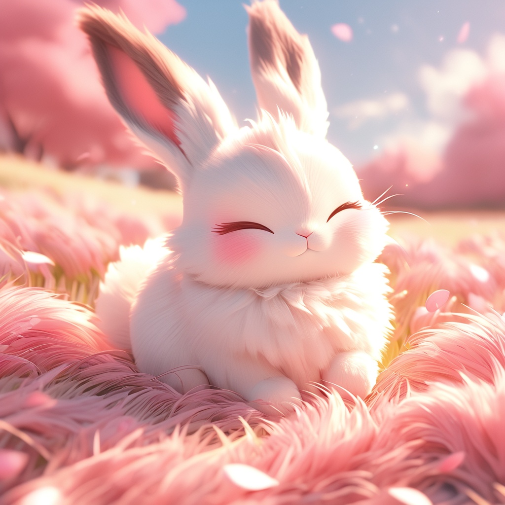maotu, rabbit, rabbit focus, soft lighting, white fur, whimsy and dramatic lighting, warm colors, mf-movie-filter, cc-color-correction, cute, whiskers, :3, ^ ^, light particles, sunlight, no humans, solo, closed eyes, outdoors, sitting, blurry, blush, grass, petals, full body, facing viewer, fluffy, sky, day, blurry background, closed mouth, depth of field, pawpads,<lora:maotu_xl_v1:0.8>,