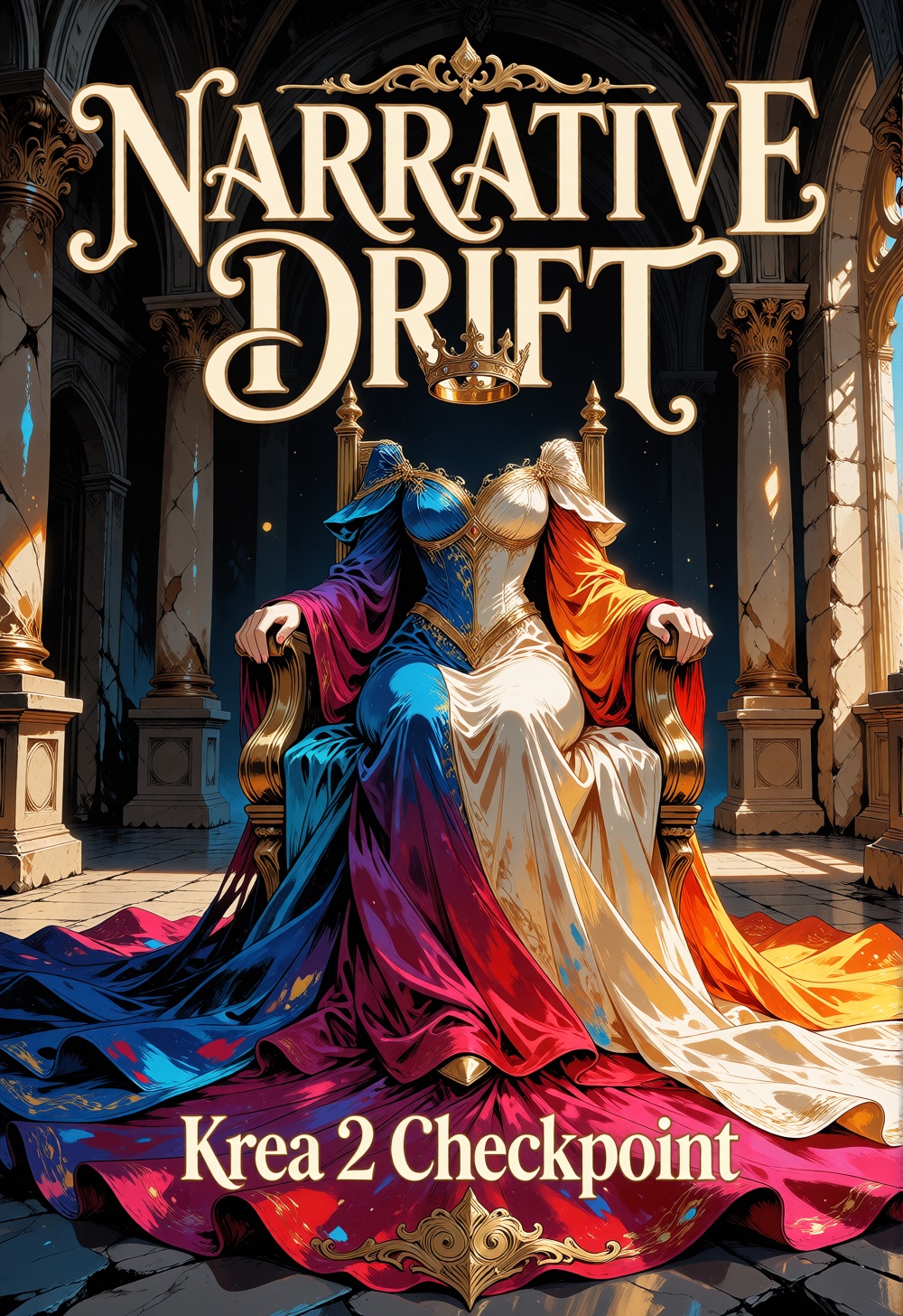 A breathtaking poster with the main headline "NARRATIVE DRIFT" in the background as backdrop. In one line and subline "Kre...