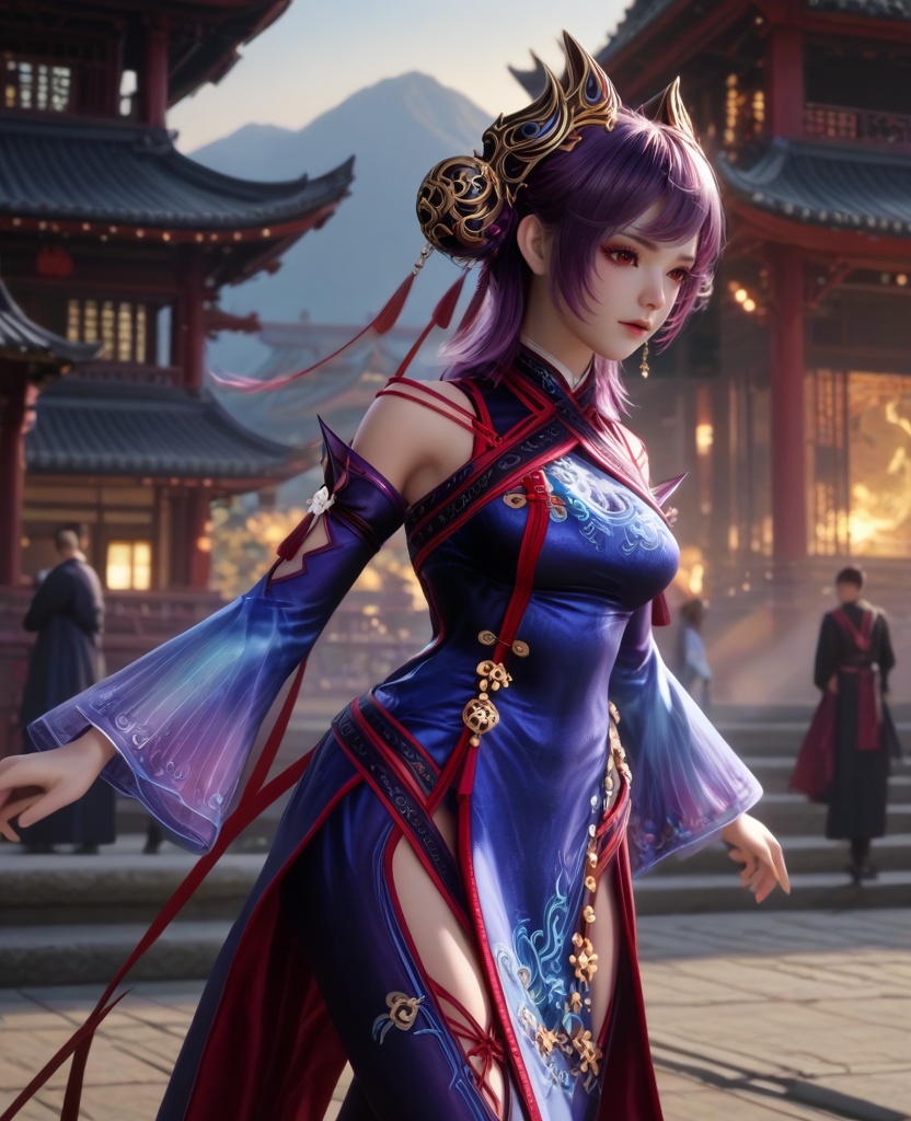 (oriental architecture, elegant decor, sophisticated style:1.1),(Elemental Control, Hands extended, showcasing control over fire, ice, or other elements,:1.1),(breasts:1.2),<lora:XL16牧神记司芸香:0.95>,miss siyunxiang,china dress with blue violet,red eyes,purple hair,double bun,hair ornament,cutout pants,wide cuffs,, score_9,score_8_up,score_7_up,score_6_up,score_5_up,score_4_up,3d rendering,tag1,tag2, Cinematic Lighting,backlighting,