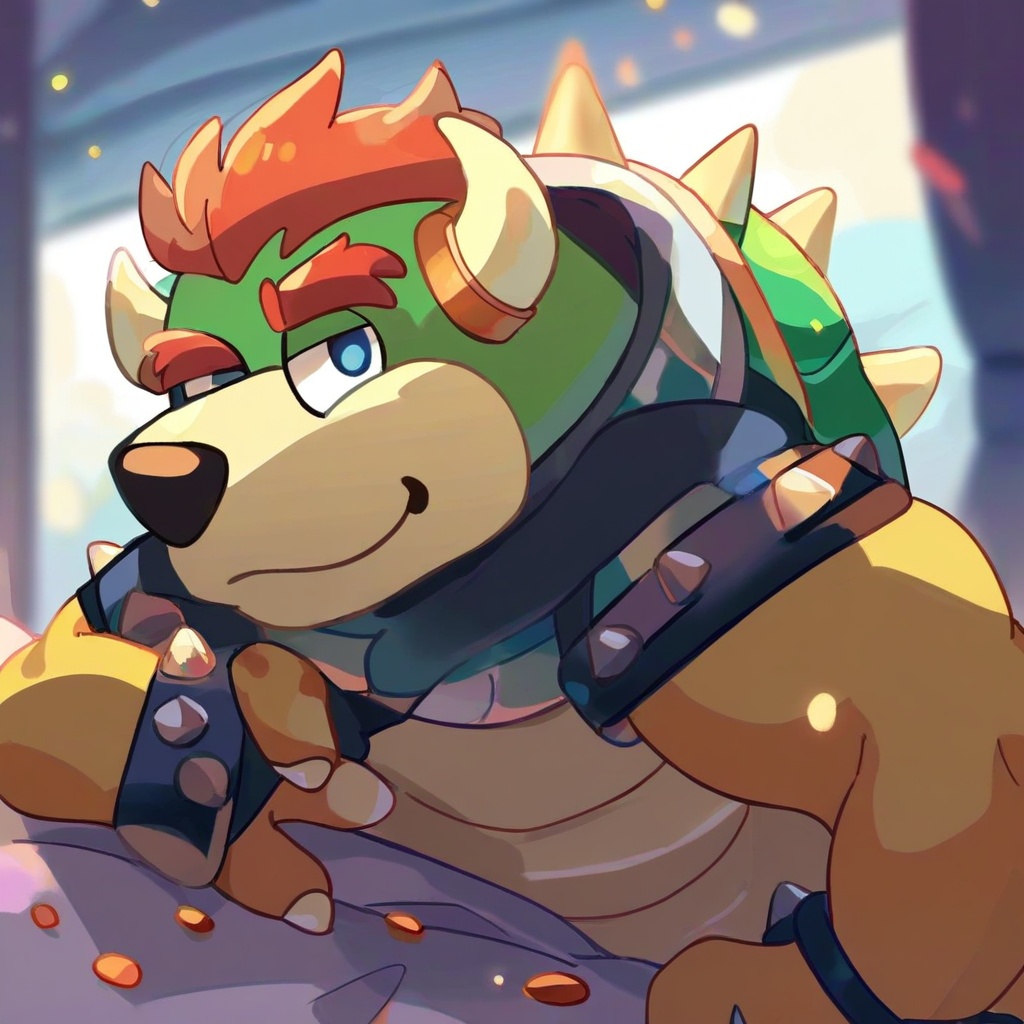 safe_pos, score_9, score_8_up, score_7_up, score_6_up, score_5_up, score_4_up, source_furry, hi res, bedroom, blurred background, particles, solo, Bowser, looking at viewer, closed mouth, male, muscular, Bluey style