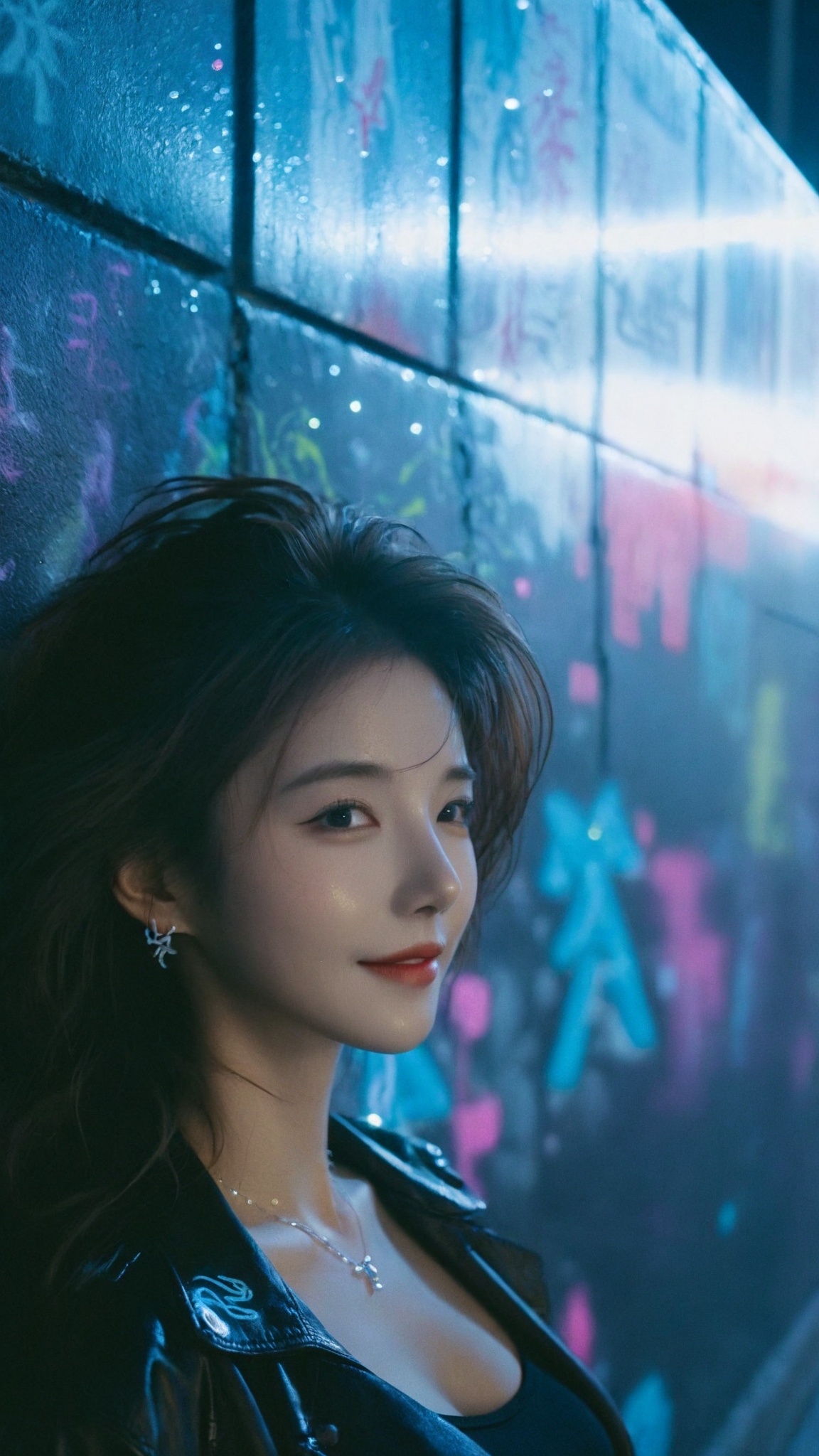 Cyberpunk,a woman leaning against ,a woman leaning against a wall with graffiti on it's side and her hair in the air,smile,by night, Intricate light,rotate focus,lens_flare,light particles,Film texture,KODAK Ektar 100