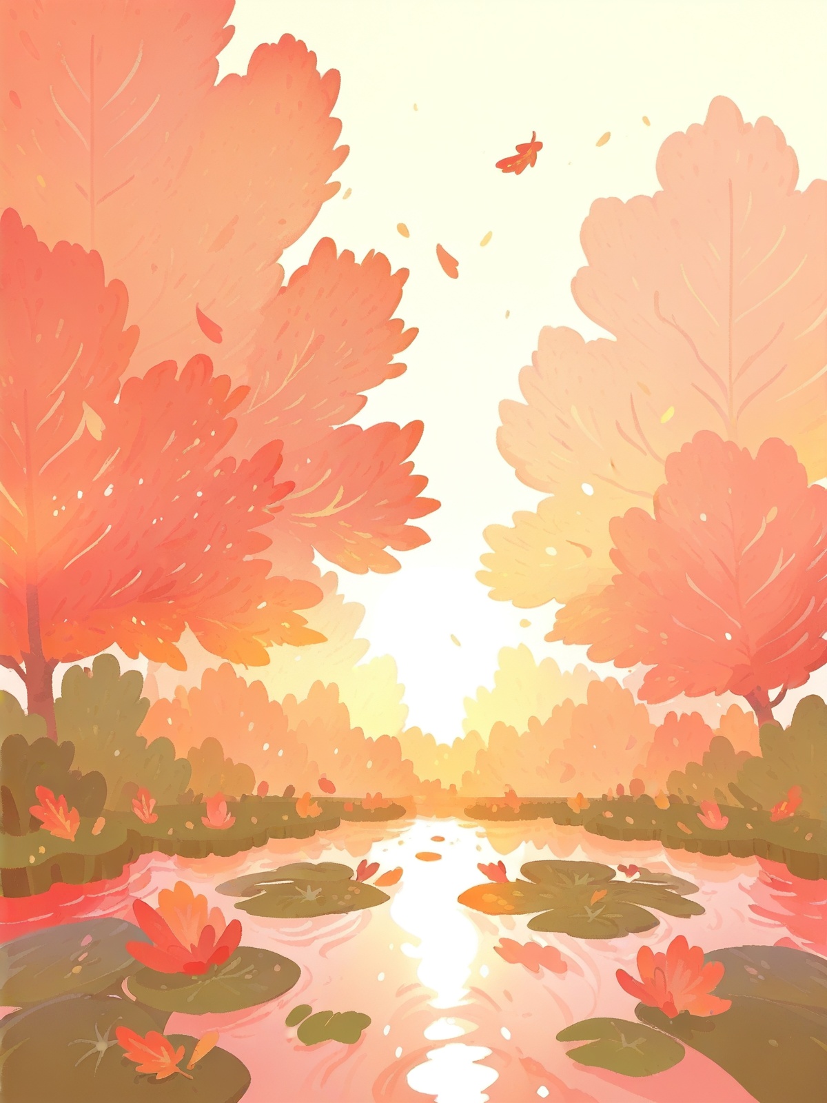 ke1ko,  tranquil pond with lily pads,  crisp autumn with color on Tensor.Art