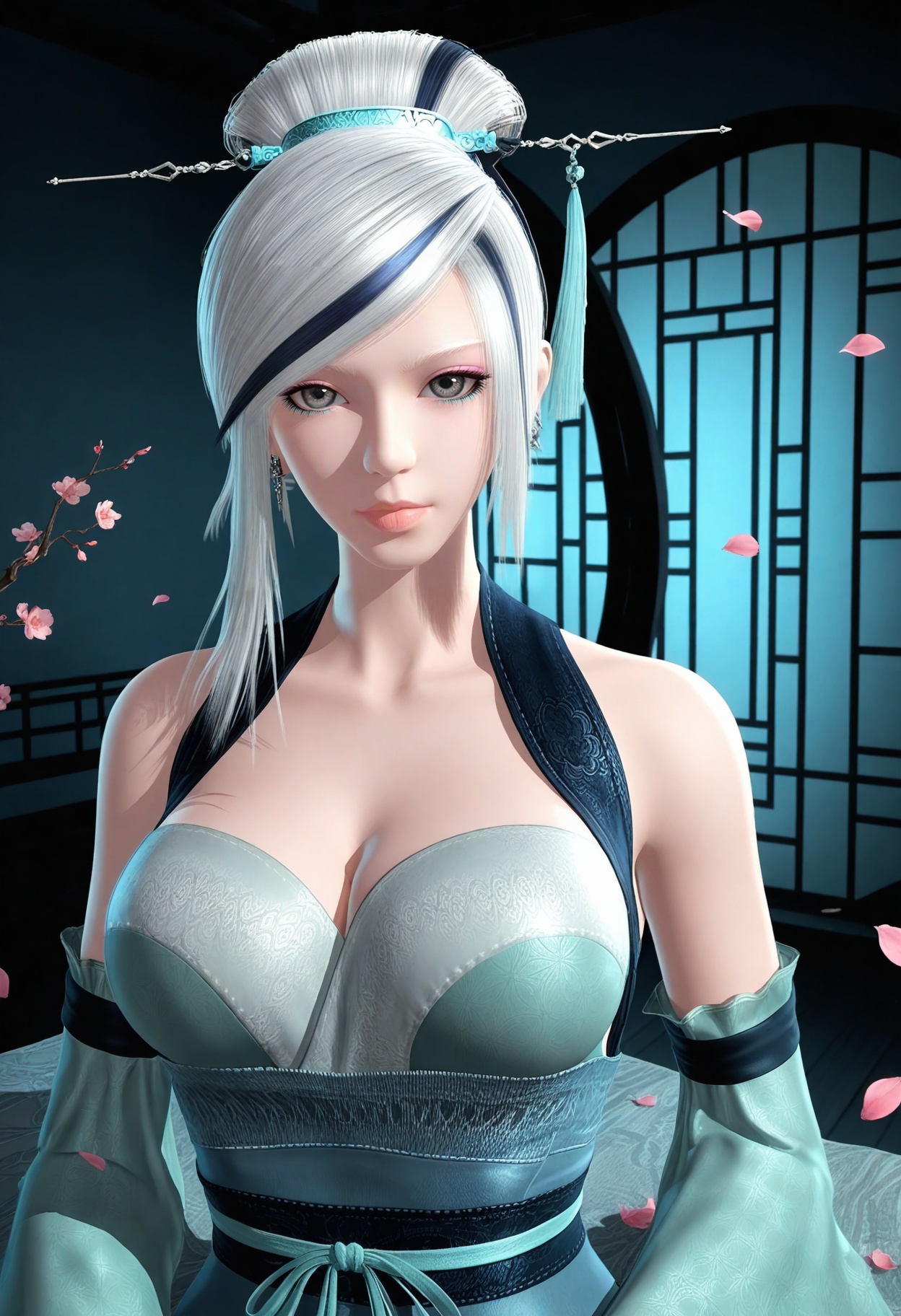 (looking at viewer:1.1),upper body,(Dark room:1.3),(moody lighting:1.1),peach blossom,falling petals,(large breasts:0.8),xiaomeng,1girl,solo,white hair,hair ornament,bare shoulders,grey eyes,lips,single hair bun,dress,earrings,cleavage,jewelry,detached sleeves,streaked hair,hair stick,makeup,wide sleeves,high_heels BREAK masterpiece,(best quality),(intricate details:0.9),(realistic skin:1.2),<lora:QQSillxiaomengV1:0.8>,