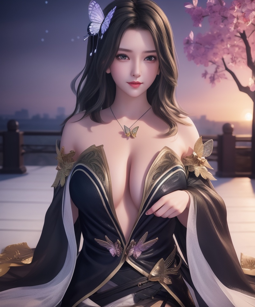 <lora:542-DA-万界至尊-青雉:0.8>(,1girl, ,best quality, ),looking at viewer,  ,ultra detailed background,ultra detailed background,ultra realistic 8k cg, ,masterpiece, (( , )),,  fiction,mole, , ,      ,, 1girl,butterfly sitting,  night, star_\(sky\)(cleavage),