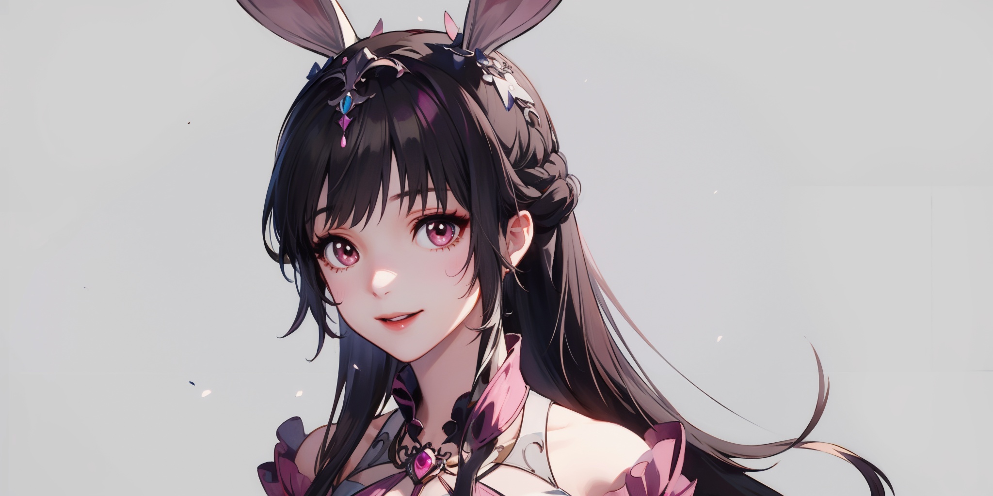 masterpiece,best quality,illustration,anime,(solo:1.1),simple gray background,looking_at_viewer,upper_body,portrait,1girl,(mature_female:1.2),rabbit ears,dress,pink dress,hair ornament,collar,silver wire edging,black hair,very long hair,smile,<lora:成年小舞1.31:0.7>,