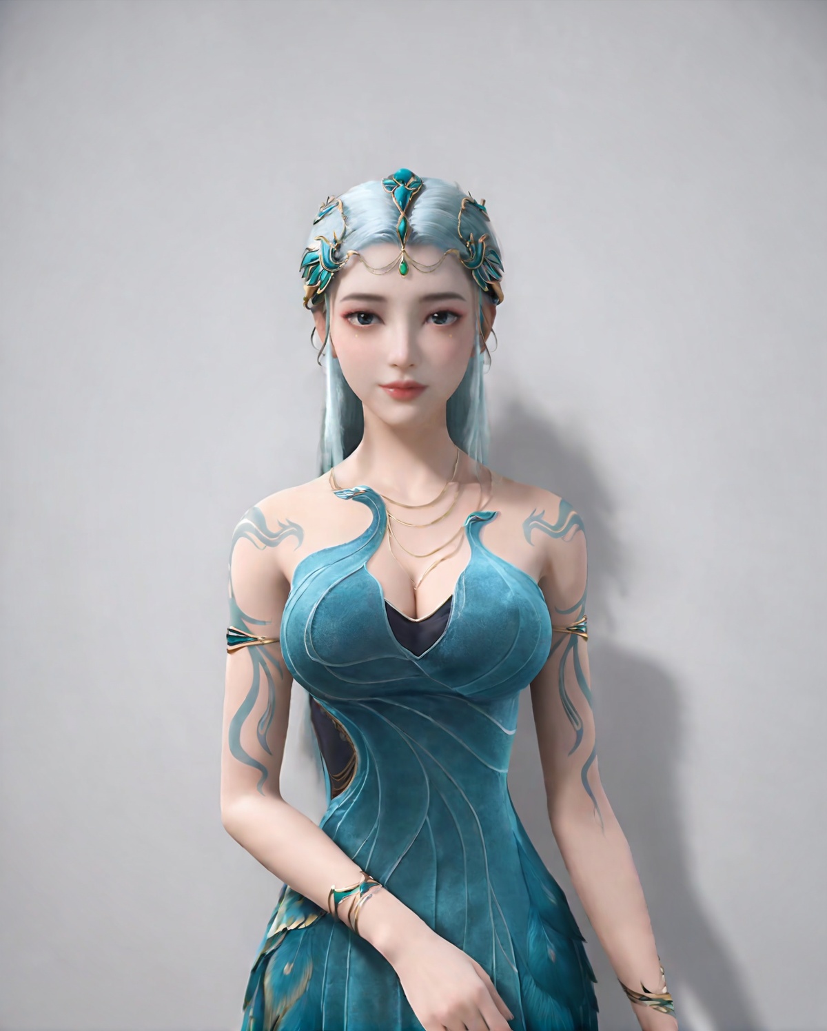<lora:SF_QinYao_Pony_Realism-000003:0.7>,hair ornament,DarkCyan dress,1girl,large breasts,standing,solo,looking at viewer,simple background,