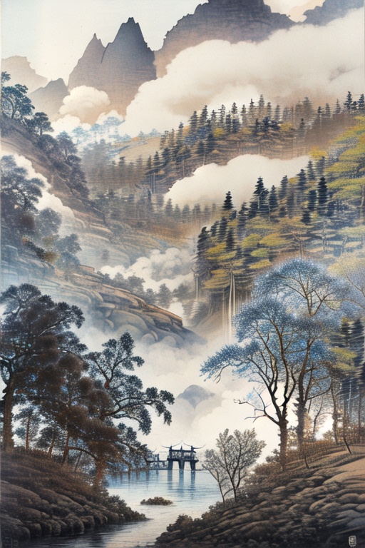 Architectural landscape,Landscape Ink Painting,outdoors,sky,cloud,water,tree,no humans,nature,scenery,forest,mountain,bridge,river,lake,