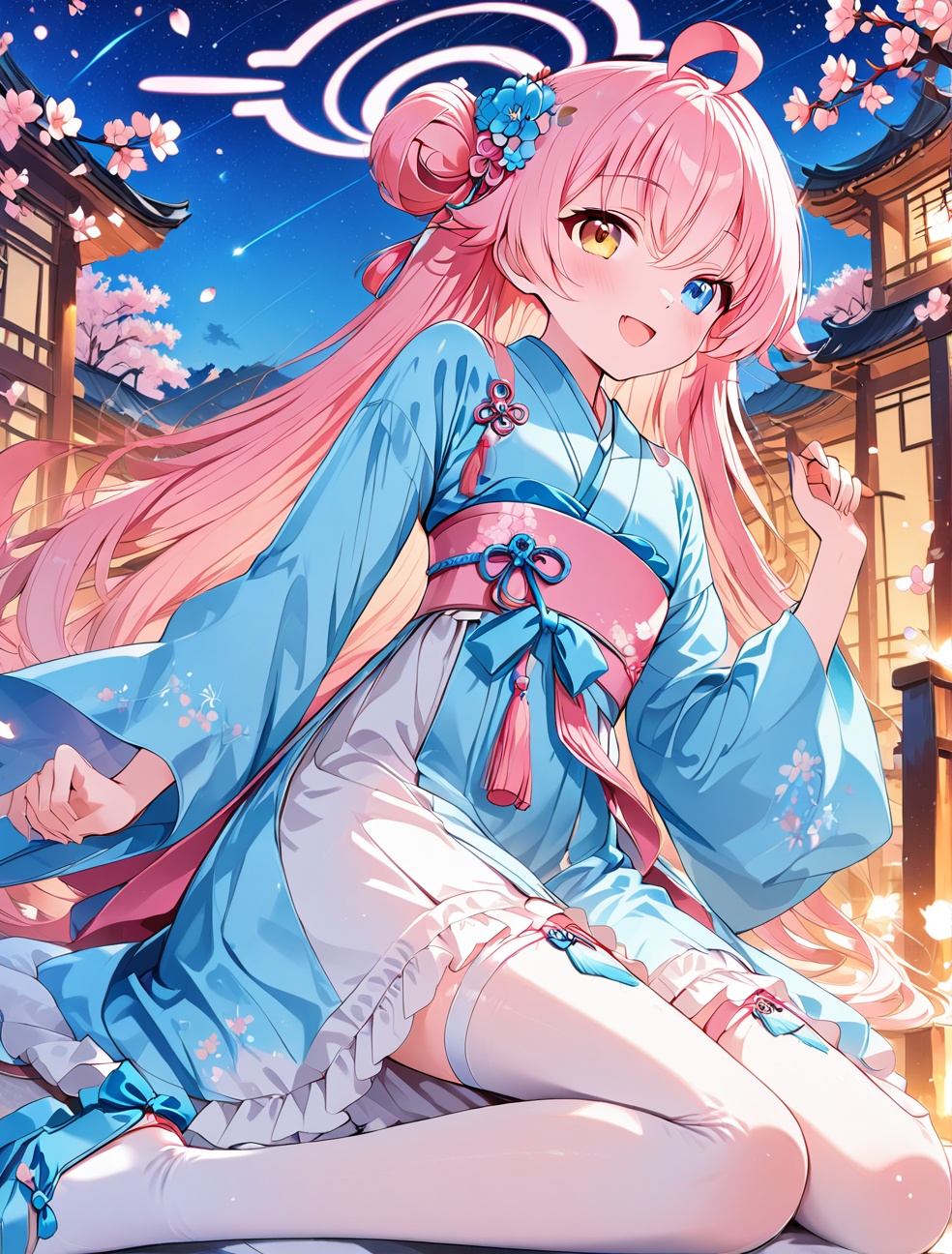 O,hoshino (blue archive),Hanfu,hanfu,moon,flower,hair_ornament,long hair,night,flower,full moon,wide sleeves,blush,ribbon,ornament,hair ring,platform,dress,night sky,headband,handheld,fur trim,very long hair,galaxy,magpie,petal,bouquet,magnificent architecture,long sleeves,blooming,east asian architecture,night sky,wide sleeves,close mouth,kind smile,accurate,best quality,anatomically correct,red eyes,Nai3 style (Nai3:1.4),extremely detailed CG unified 8k wallpaper (high quality),very delicate and beautiful,masterpiece,ultra-fine CG unified 8k wallpaper,masterpiece,best quality,ultra-fine,beautiful and delicate eyes:1.2,starfield (bluearchive),halo,heterochromia,yellow right eye,blue left eye,pupil right eye is yellow,left eye pupil is blue,pink hair,ahoge,white one-piece,full body,