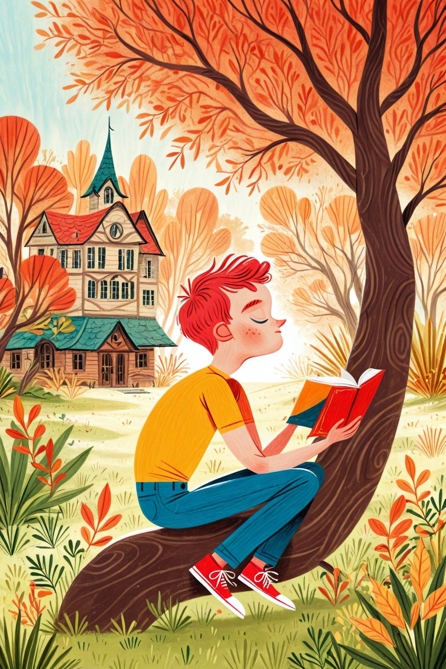 David Sierra Liston Style,pants,shirt,red hair,closed eyes,leaf,solo,shoes,red footwear,short sleeves,1boy,sitting,yellow shirt,short hair,outdoors,book,blue pants,profile,plant,tree,building,freckles,grass,male focus,jeans,<lora:David Sierra Liston_illustriousXL:1>,