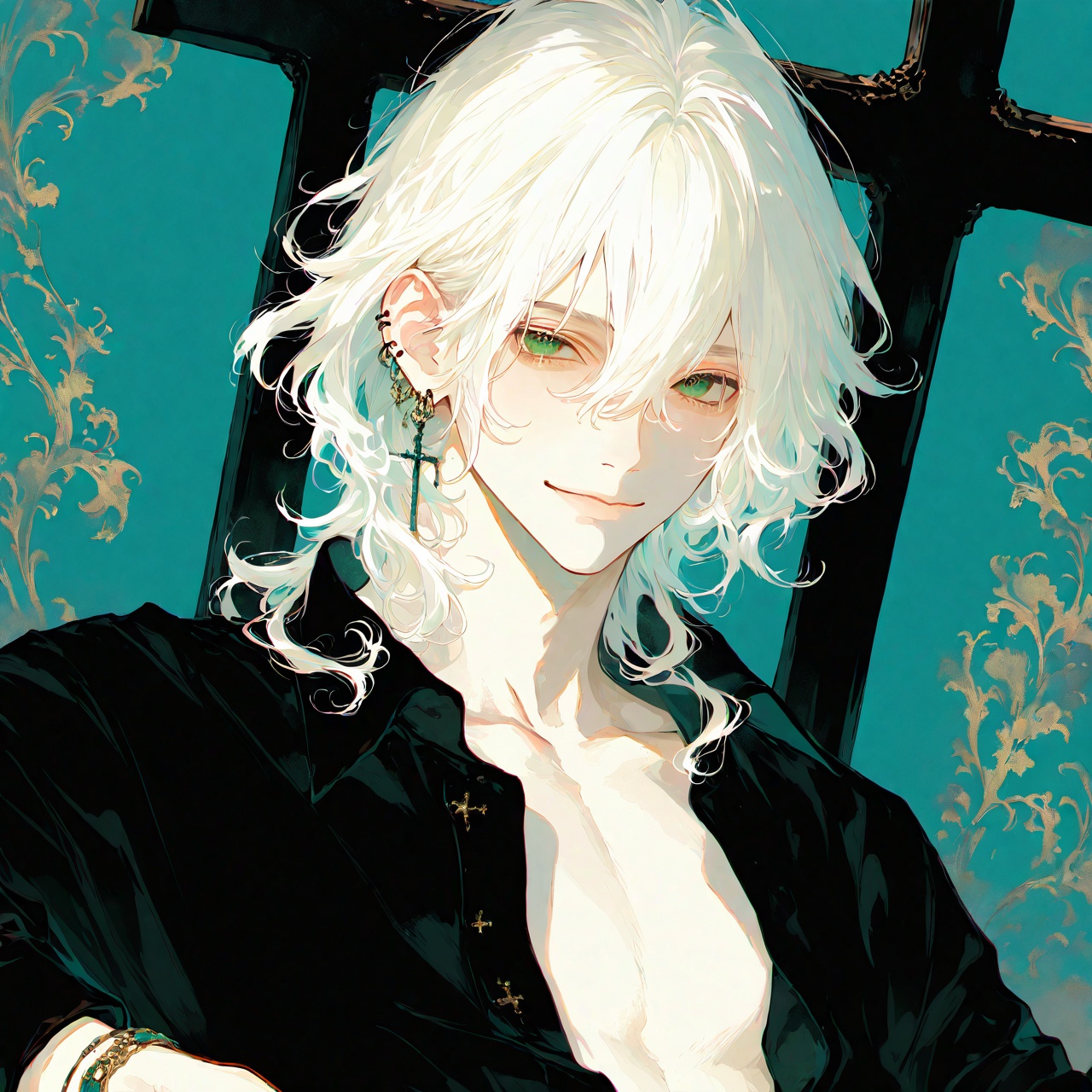 <lora:Tourun ThickPaint Style:0.8>,absurdres,realistic,rim light,wallpaper,best quality,1boy, male focus, jewelry, green eyes, solo, shirt, looking at viewer, earrings, bracelet, smile, white hair, hair between eyes, upper body, black shirt, closed mouth, cross, wavy hair, open shirt, collarbone, medium hair, bangs, short hair, long sleeves, piercing, ear piercing