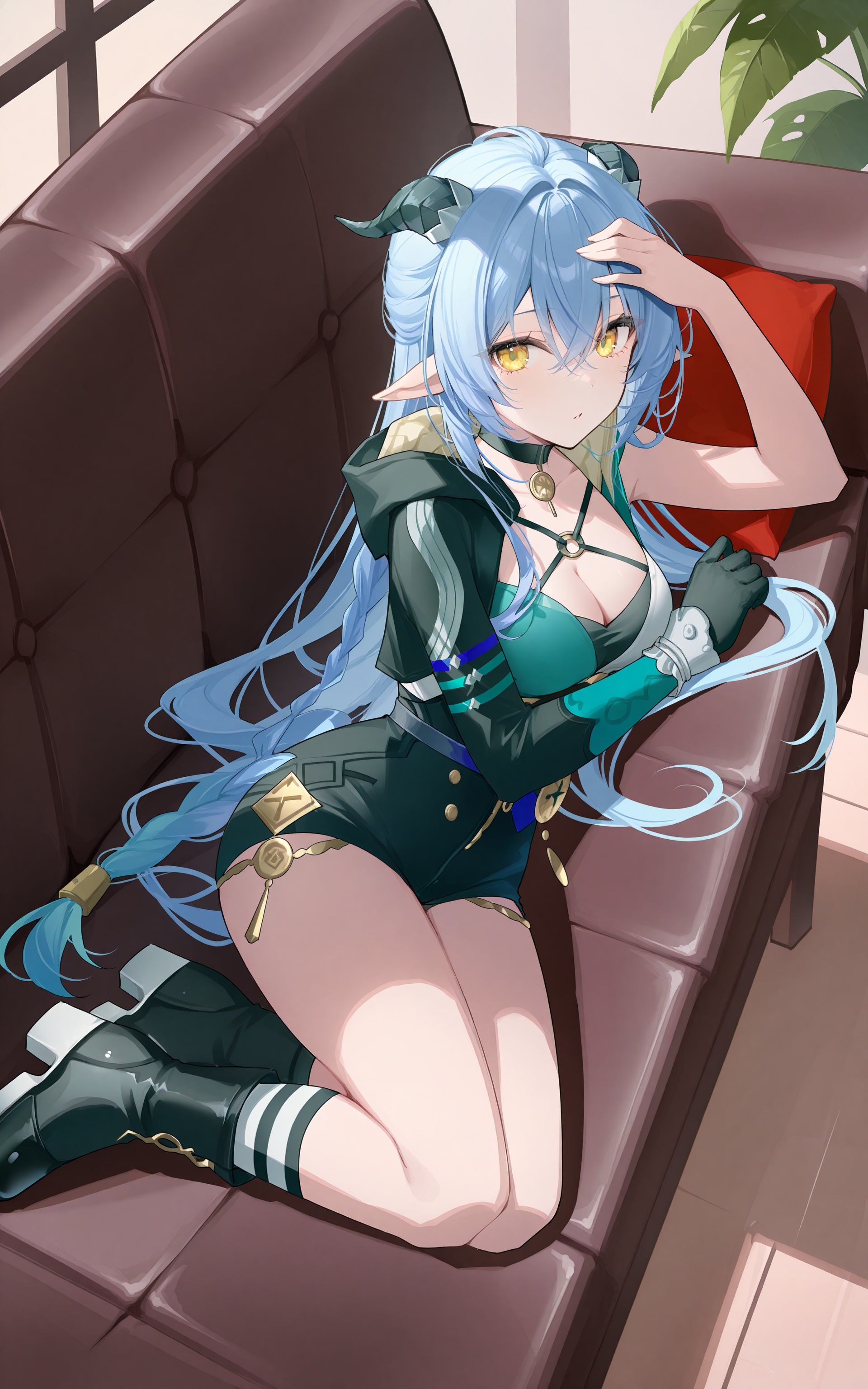 tender shadow,ovc,meiheyeragu,MeIoN,Lucia Elowen\\\(ZenlessZoneZero\\\), 1girl, couch, on couch, yellow eyes, breasts, black footwear, pointy ears, single glove, gloves, long hair, , boots, cleavage, hand on own head, looking at viewer, black choker, jacket, blue hair, black gloves, choker, braid, horns, medium breasts, sitting, single sleeve, solo, black jacket, asymmetrical gloves, hair between eyes, lying, full body