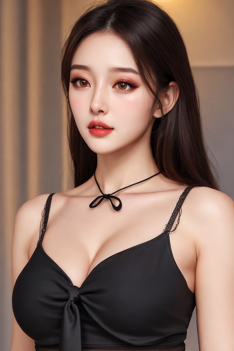 realistic, photorealistic,Warm lighting, <lora:style_epiNoiseoffset_v2:0.3>,NOISE OFFSET,1girl,upper body, facing straight, (looking at viewer), medium breasts, collarbone,cleavage,black (front-tie top),<lora:FS_frontTieTopShirt_v120:0.66>,<lora:real_chilloutmixss_xss10:0.5>, eyeshadow,parted lips, (1_pureerosface_v1:0.3),slim waist,