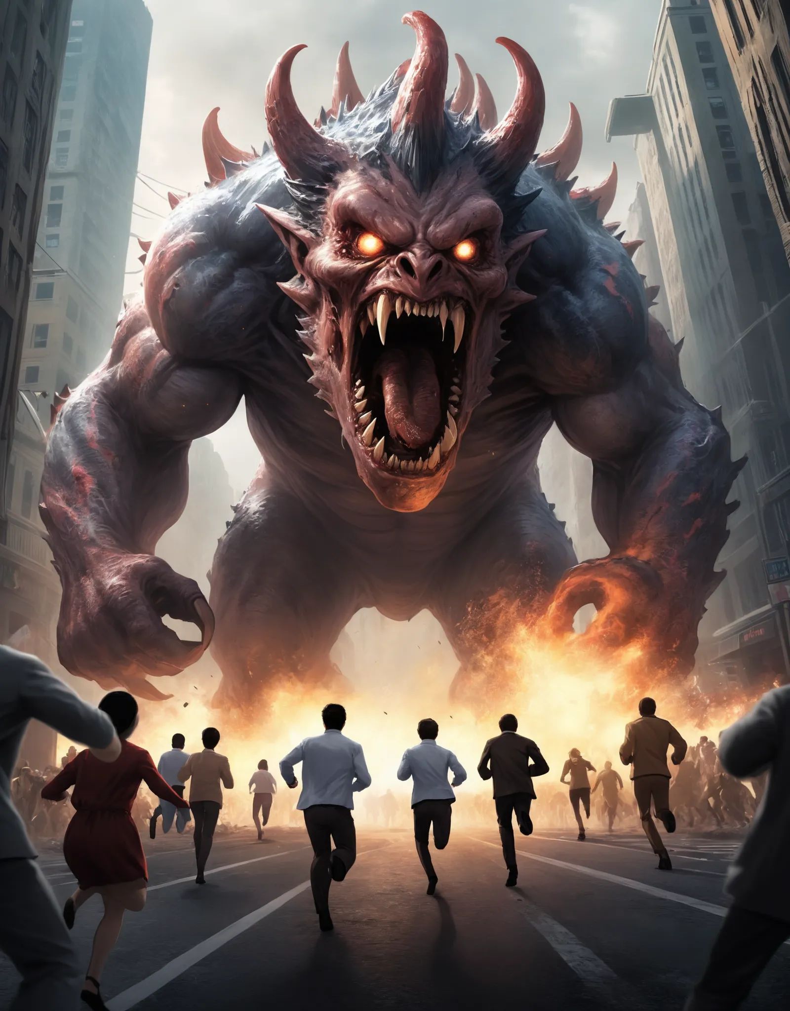 A photo of a world where powerful monsters rampage and people run for their lives,  where science and technology have deve...