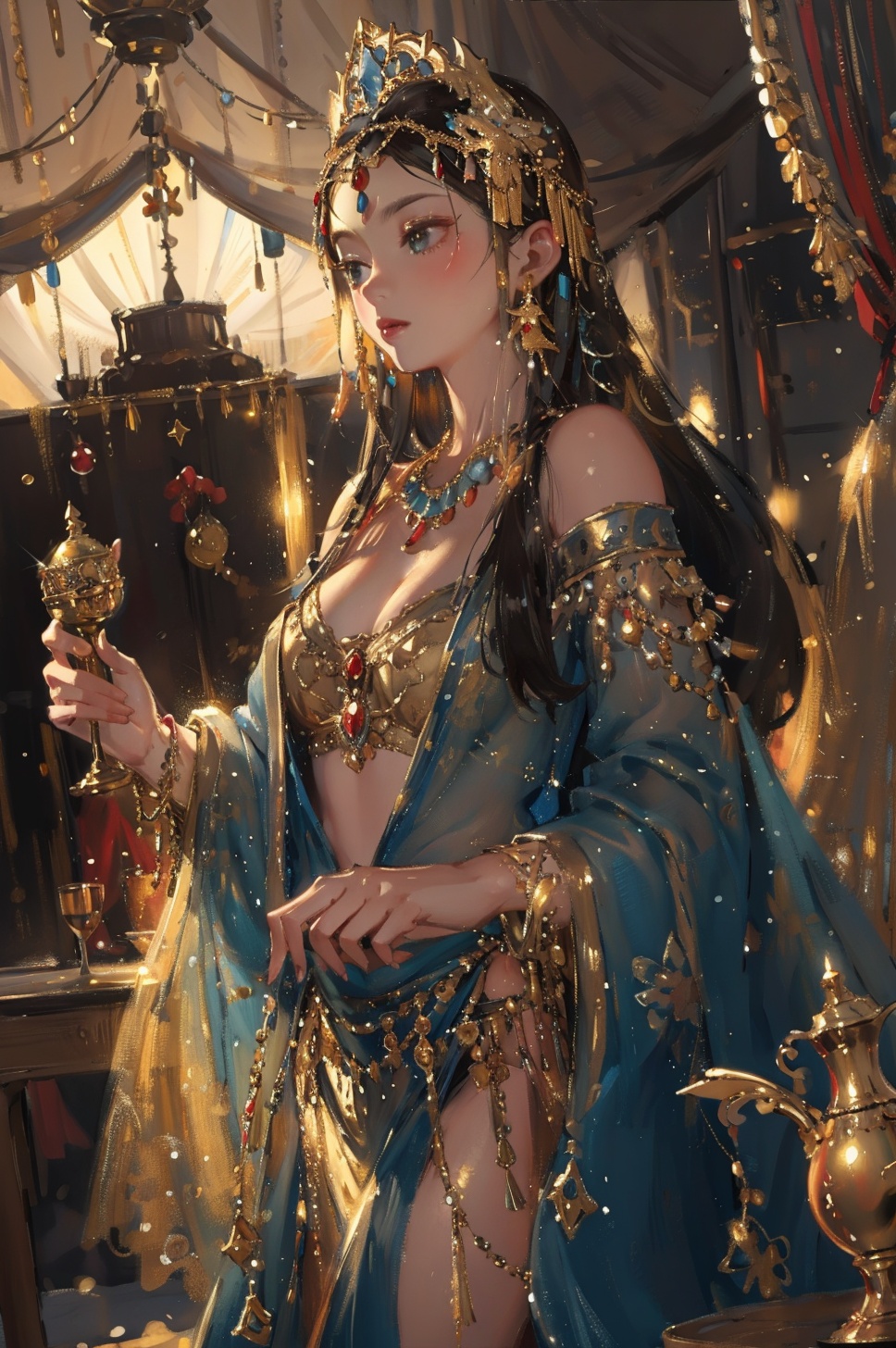 masterpiece,best quality,<lora:PDLX_西域公主:1>,Regal princess in a richly decorated tent, bejeweled headdress, and holding a golden goblet