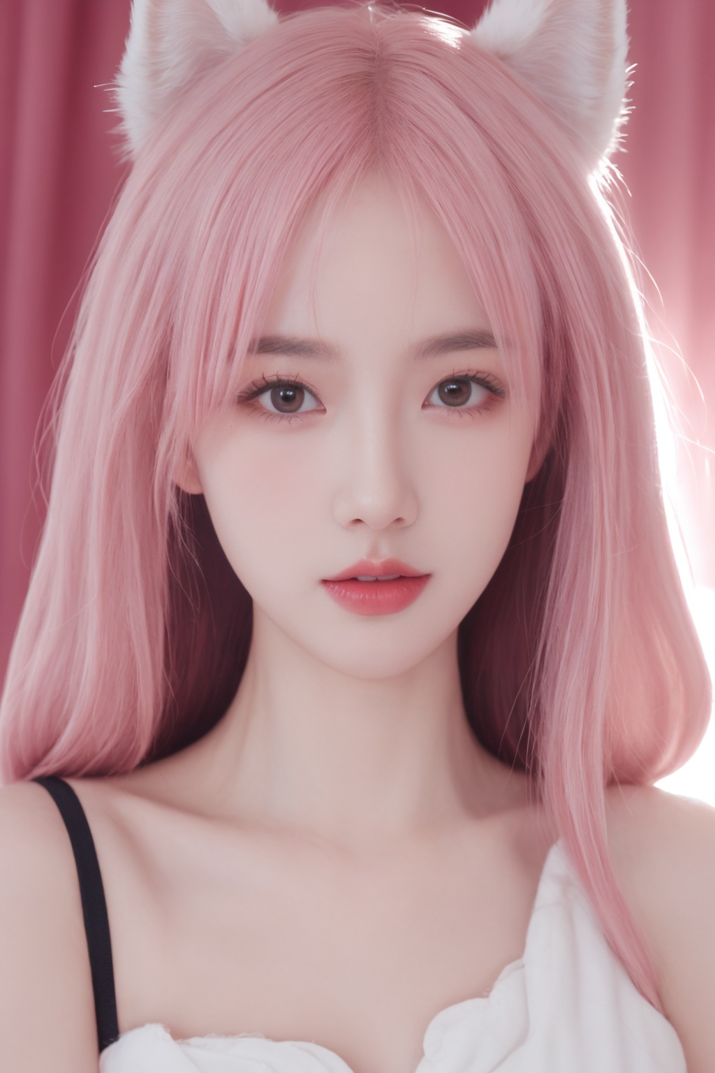 1 girl, fox ears, beautiful face, pink hair, pink lips, (seductive), backlight, starry sky<lora:girl_20231008111901:0.6>