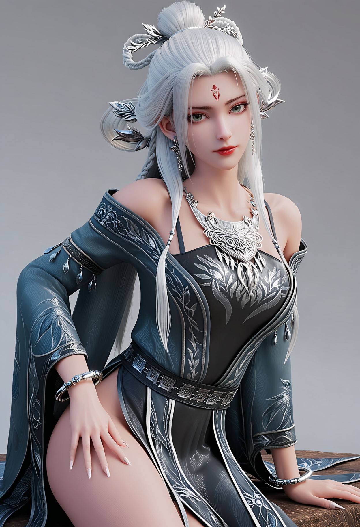 score_9,high detail,best quality,shiny skin,shiny,1girl,solo,green eyes,long hair,white hair,jewelry,white background,hair ornament,forehead mark,breasts,earrings,simple background,bare shoulders,necklace,braid,red lips,realistic,dress,makeup,closed mouth,lips,hair rings,bracelet,looking at viewer,thighs,<lora:QQSponyxiaobaiV1:0.8>,<lora:Pony_DetailV2.0:0.8>,<lora:皮肤凹痕:0.1>,