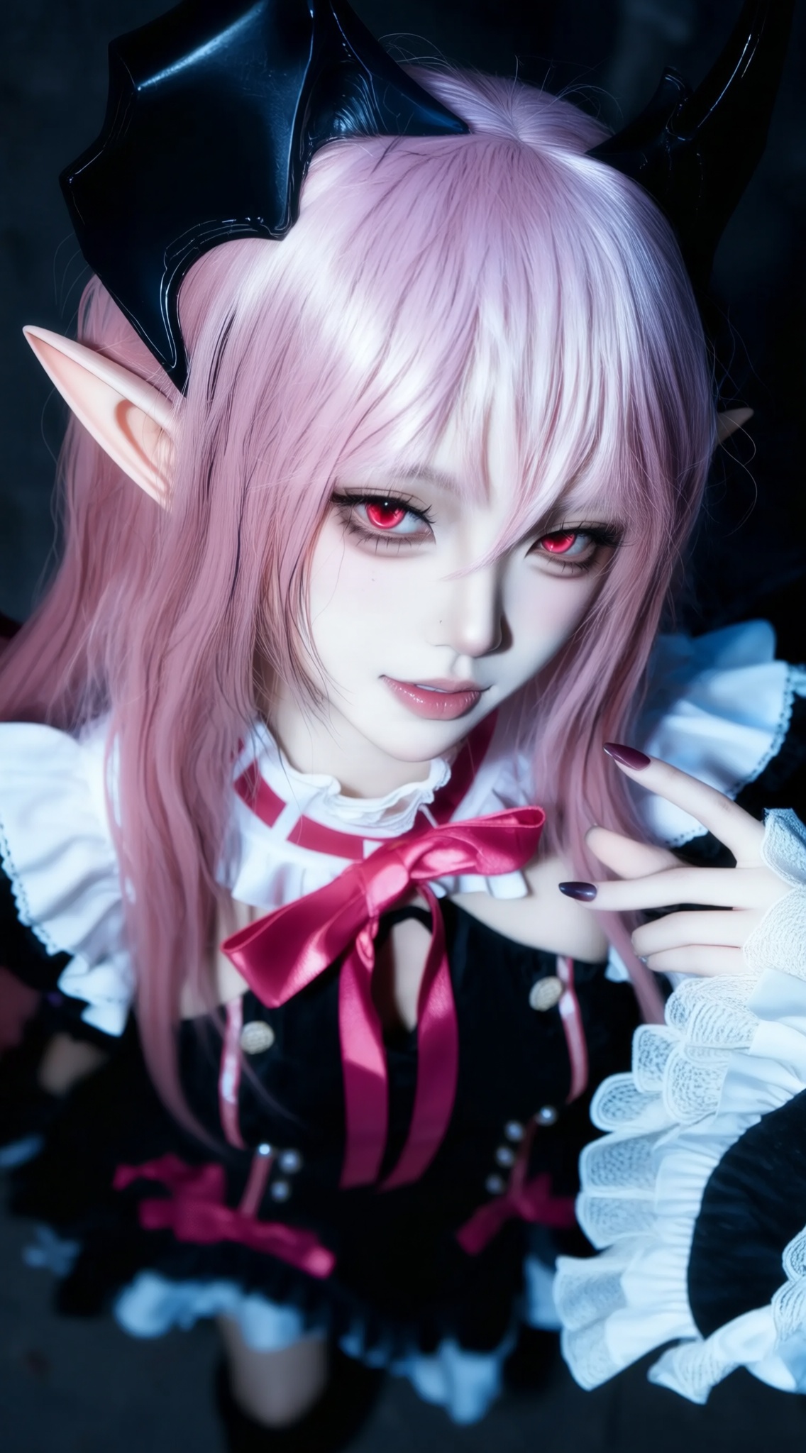 a close-up portrait of a young woman with pale skin and long pink hair,wearing a black and white gothic dress with a large red bow,she has pointed ears and a small black horn on her head,giving her a mysterious and alluring appearance,the woman is positioned in the middle of the image,looking directly at the viewer with a serious expression,her red eyes gleaming with a hint of mischief,her lips are slightly parted,and she has a subtle hint of a smile on her lips,her fingernails are painted with a dark nail polish,adding a touch of elegance to her overall look,the background is dark and out of focus,allowing the focus to remain on the womans face and upper body,the overall effect is one of a captivating and mysterious scene,with a focus on the characters delicate features and the intricate details of her outfit,, Negative prompt: ng_deepnegative_v1_75t,(badhandv4:1.2),EasyNegative,(worst quality:2),,nsfw, Steps: 30, Sampler: Euler, CFG scale: 6.0, Seed: 562697600, Size: 1142x2048, Model hash: 98763a1277, Model: Qwen-Image_1.0.safetensors, Denoising strength: 0, RNG: CPU, Lora 1: ZOZ_湿润特效, Lora Hash 1: 36836624eb, Lora Weight 1: 0.8, vae_name: automatic
