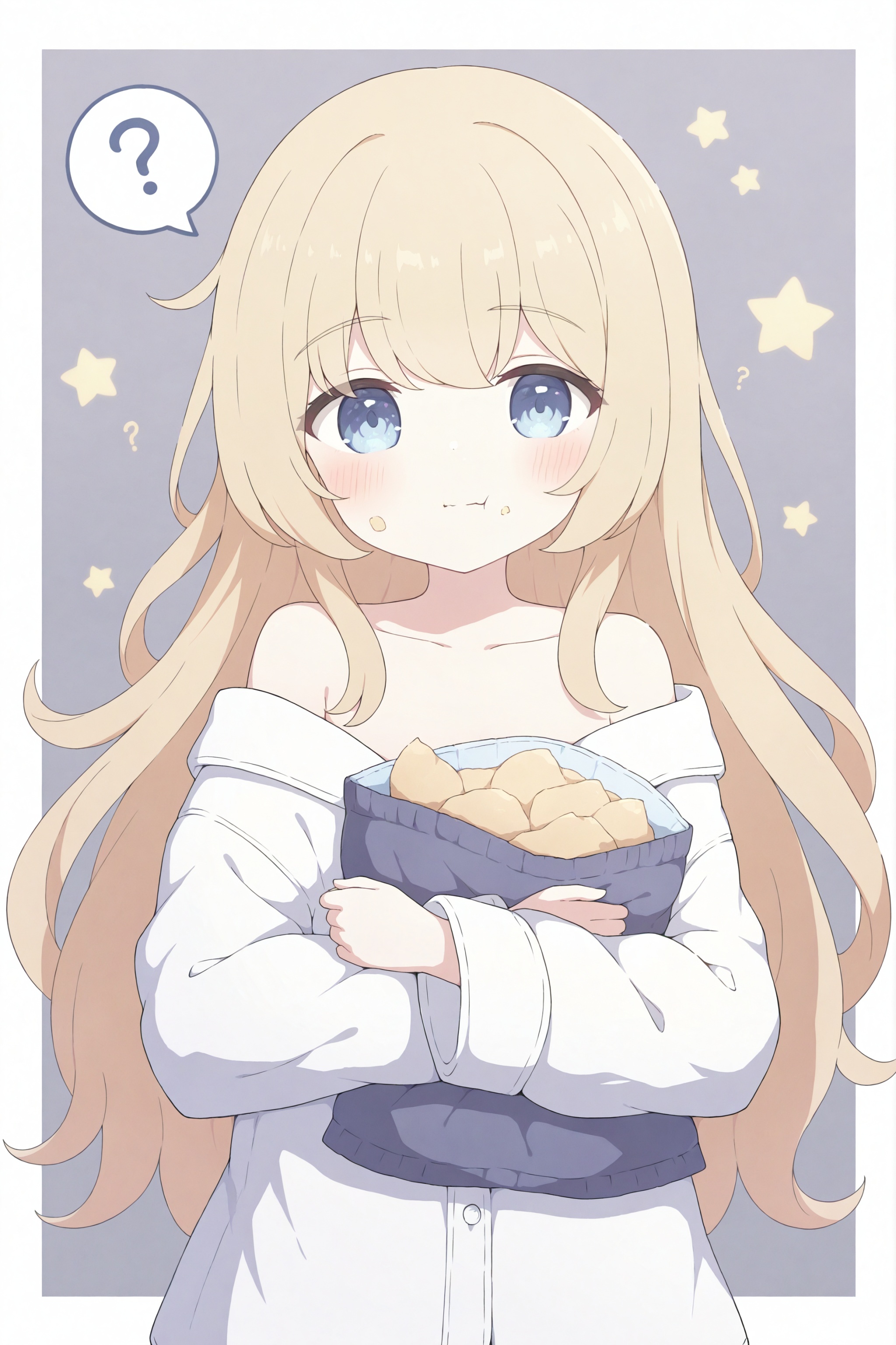 1girl, soloshirt,solo, spoken question mark, pajamas, white shirt, food on face, ?, looking at viewer, holding, border, blush, long sleeves, white border, collarbone, star \(symbol\), outside border, off shoulder, food, hugging chips bag, closed mouth, dress shirt, naked shirt, speech bubble, simple background, bare shoulders,years2025, very aesthetic, masterpiece, best quality, ultra-detailed, huge filesize,<lora:Sora-TYC-XL-v1:0.85>