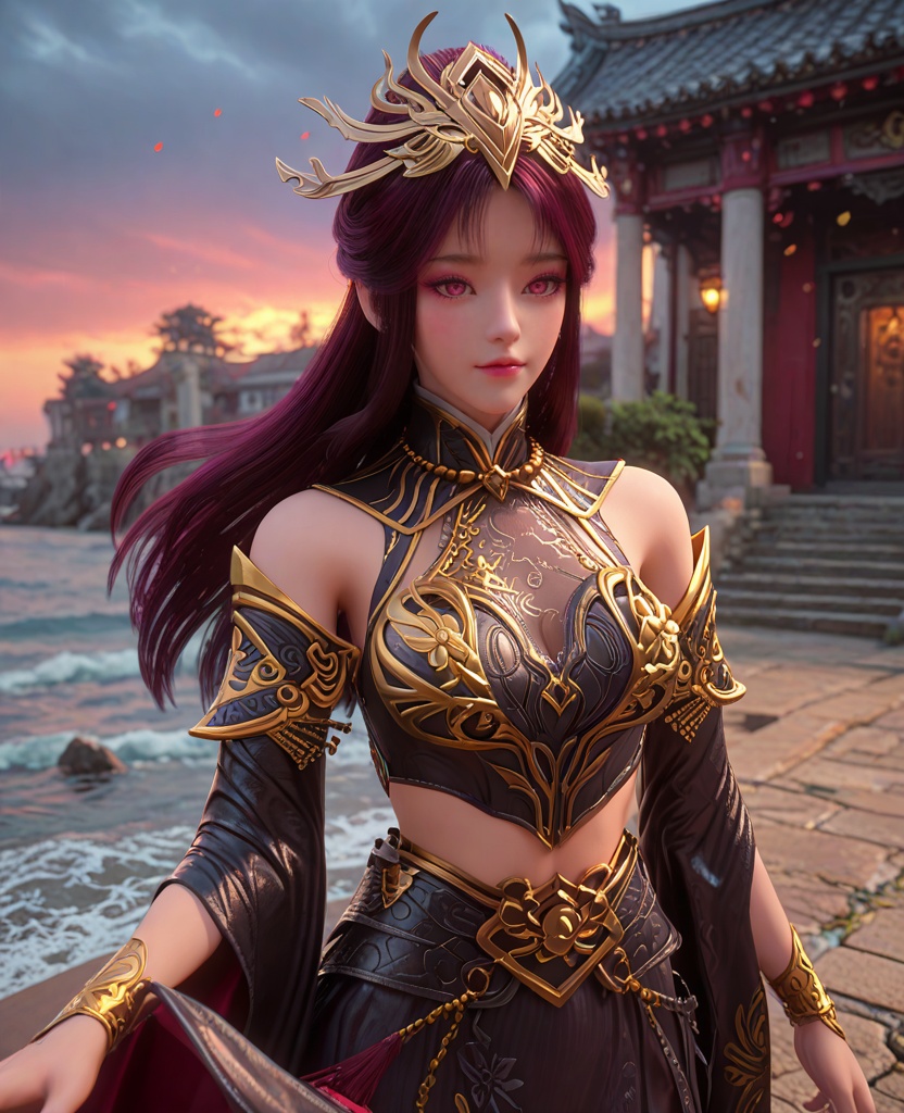 (oriental architecture, elegant decor, sophisticated style:1.1),(surfing,bottom turn:1.1),(breasts:1.2),<lora:XL百炼成神毒血夫人:0.95>,miss duxuefuren,hair ornament,long hair,purple hair,breastplate,skirt,pink eyes,jewelry,teeth,bare shoulders,breasts,detached sleeves,necklace,, zPDXL2, score_9, score_8_up, score_7_up BREAK realistic, masterpiece,best quality, highly detailed,, zPDXL3, zPDXL2,zPDXL, zPDXLxxx, zPDXLrl,