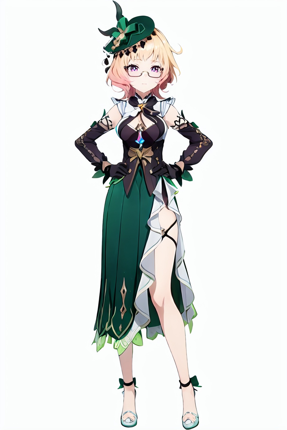 score_9,score_8_up,score_7_up,score_anime,nai3,*****,8k,best quality,masterpiece,(ultra-detailed),(white background,simple background),solo,(hands on hip:1.1),(full body:1.1),looking at viewer,<lora:Emilie-sd-Tanger:0.8>,Emilie,default clothes,green dress,1girl,hat,blonde hair,black gloves,glasses,green headwear,purple eyes,multicolored hair,Split skirt side,detached sleeves,