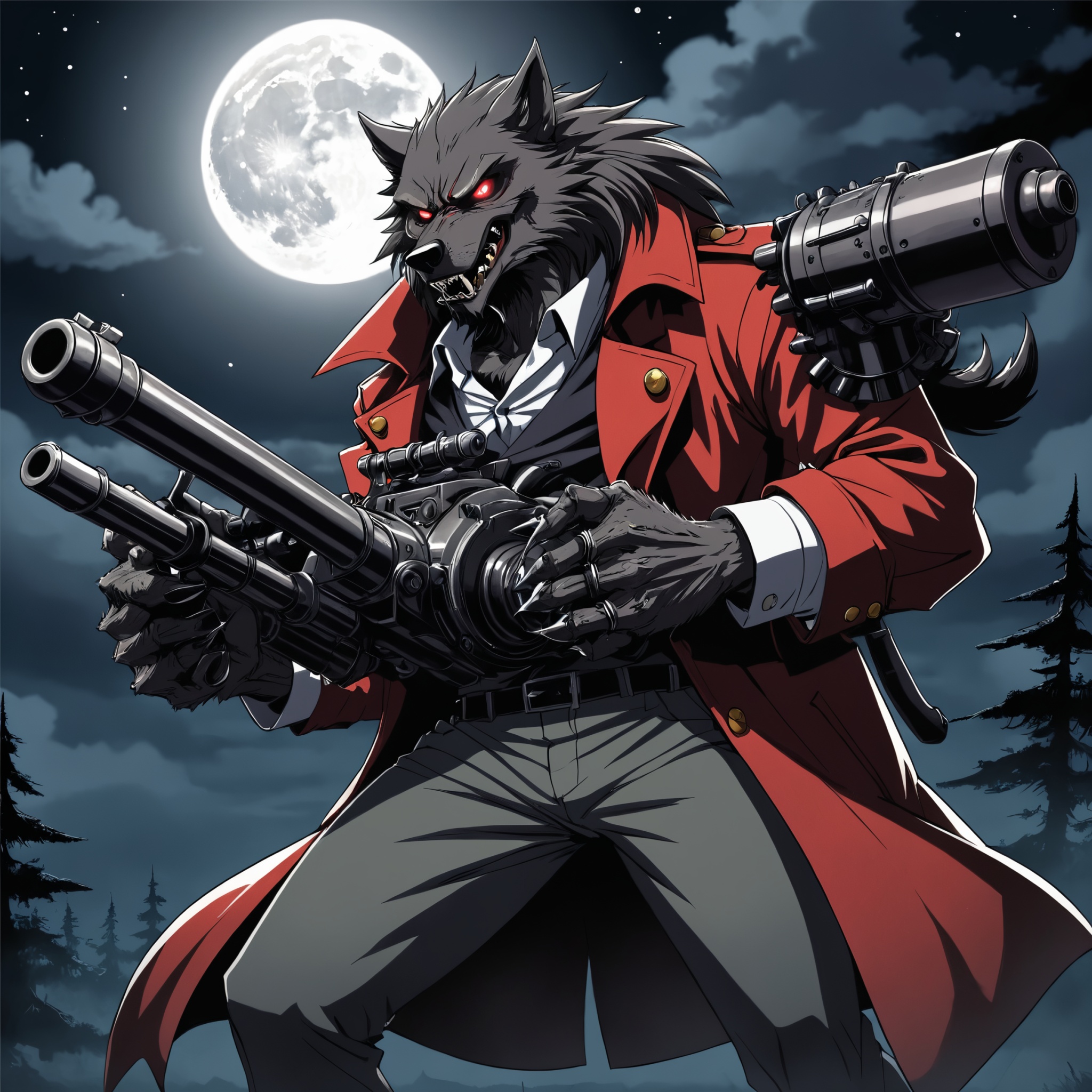 hellsing style anime werewolf in a full moon night holding his huge gatling gun on Tensor.Art