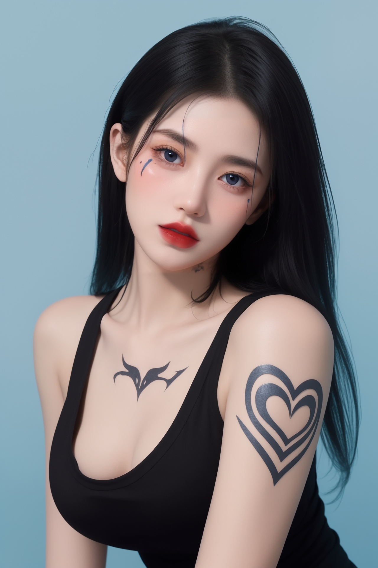 1girl, arm tattoo, bangs, bare shoulders, blue background, blue eyes, blue hair, body writing, breasts, facepaint, facial mark, facial tattoo, gradient, gradient background, hair ornament, heart tattoo, lips, lipstick, long hair, makeup, medium breasts, number tattoo, parted lips, red lips, shoulder tattoo, sleeveless, solo, tattoo, upper body ,huge breast<lora:绘画美女1.0:0.8>