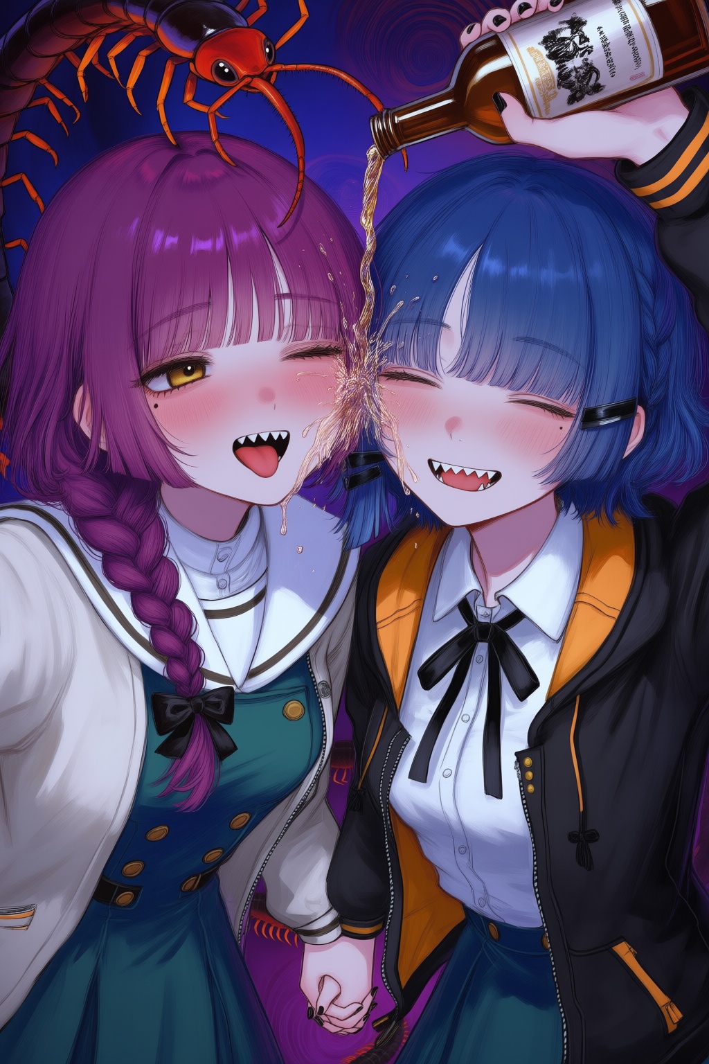 2girls,  black nails,  blue hair on Tensor.Art