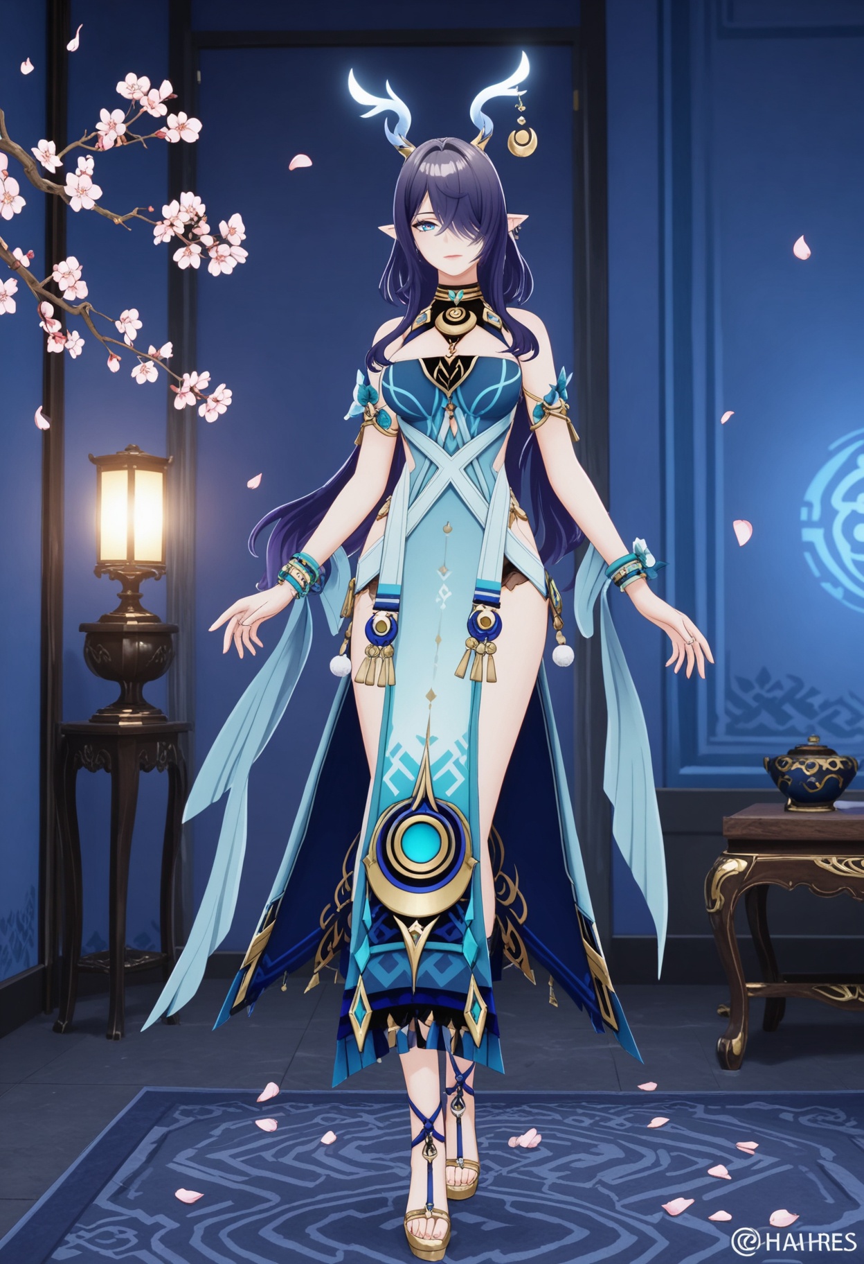 (full_body:1.4),(looking at viewer:1.1),facing viewer,direct gaze,(masterpiece:1.1),(best quality:1.2),(intricate details),(smog:1.3),(Dark room:1.3),(dim lighting:1.3),peach blossom,falling petals,<lora:YQ_Illustrious光辉v5_菈乌玛_V1:0.8>,1girl,solo,long hair,jewelry,pointy ears,dress,earrings,purple hair,horns,black hair,bracelet,blue eyes,blue hair,sandals,hair ornament,crescent,masterpiece,(best quality),(intricate details:0.9) BREAK (intricate details:0.9),(realistic skin:1.2),masterpiece,best quality,newest,absurdres,hiahres,