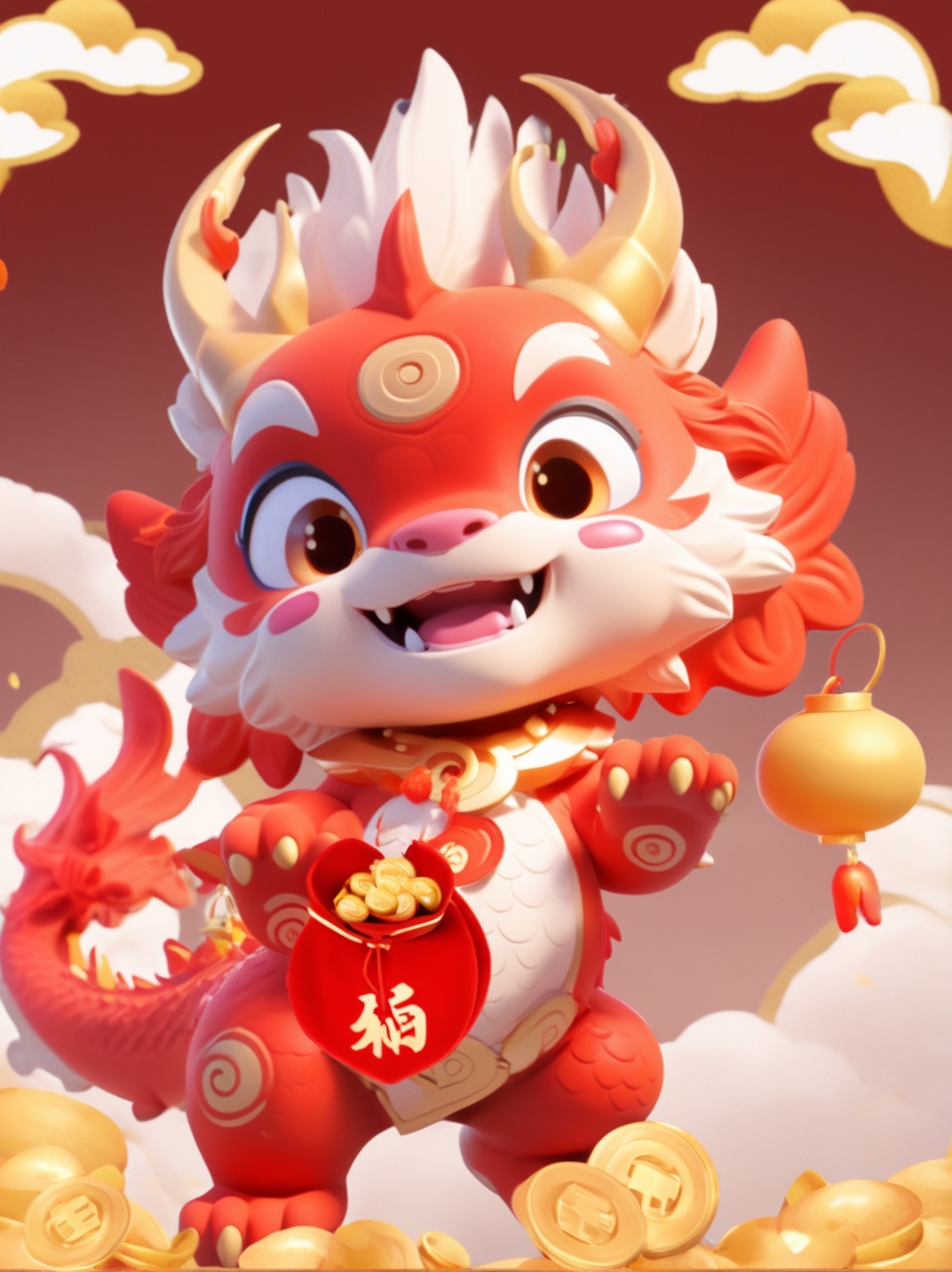 a vibrant and animated character that appears to be a fusion of a dragon and a lion. The creature has a red body with white and gold accents, large, expressive eyes, and a pair of golden horns. It's adorned with a golden emblem on its forehead and holds a red bag filled with golden coins. The bag has a Chinese character on it, possibly representing 'fortune' or 'luck'. The character is surrounded by a soft, cloudy background, giving it a dreamy and ethereal feel<lora:LONG IP:1>