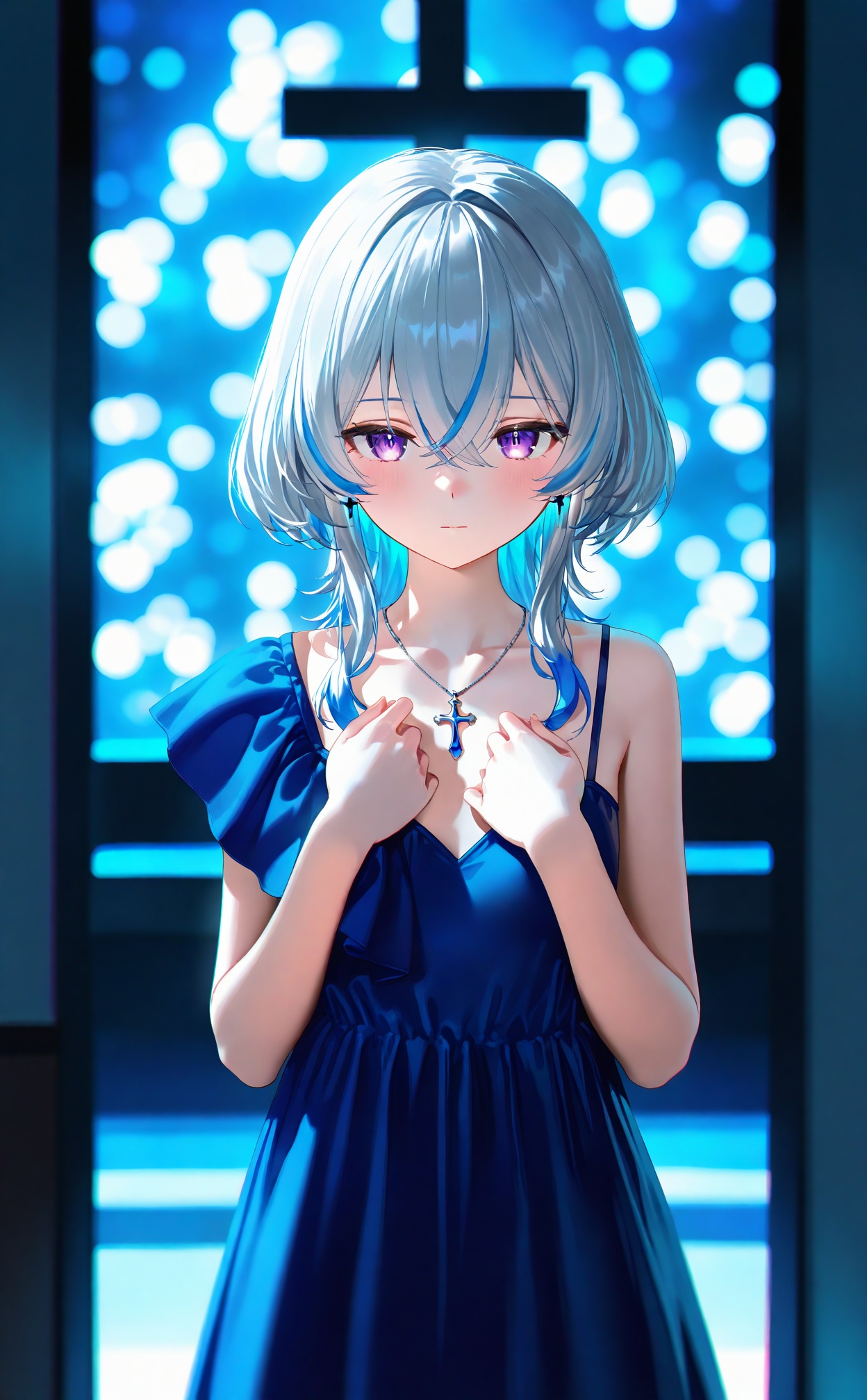 masterpiece,absurdres,best quality,high quality,chromatic_aberration,//,1girl,blue dress,solo,dress,jewelry,multicolored hair,necklace,crossed bangs,blue hair,purple eyes,blurry,looking at viewer,hair between eyes,streaked hair,blurry background,bokeh,depth of field,hands on own chest,closed mouth,standing,hands up,medium hair,sleeveless,colored tips,sleeveless dress,straight-on,night,bare shoulders,gradient hair,blue theme,long hair,single bare shoulder,collarbone,pendant,cowboy shot,bare arms,cross,sidelocks,spaghetti strap,blush,light blue hair,virtual youtuber,earrings,two-tone hair,off shoulder,single sleeve,light particles,white hair,single off shoulder,grey hair,asymmetrical clothes,evening gown,expressionless,indoors,//,<lora:nyalia917——【NOOB】hans:0.8>,