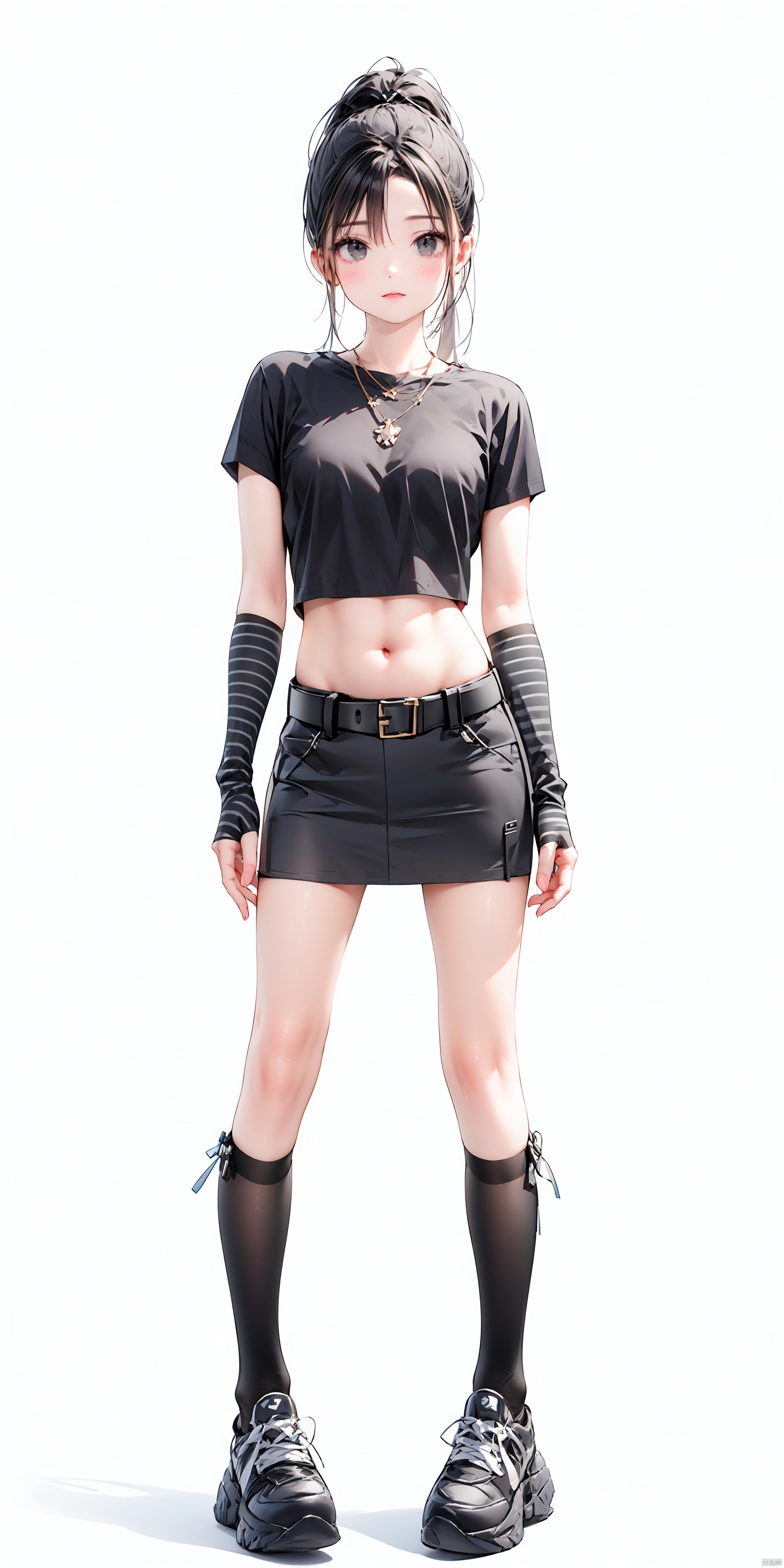 —— ——1girl, solo, long hair, looking at viewer, skirt, black hair, shirt, white background, navel, Black eyes, jewelry, standing, full body, ponytail, shoes, socks, midriff, belt, miniskirt, necklace, bag, black footwear, crop top, kneehighs, black shirt, black socks, t-shirt, sneakers, black belt, arm warmers, fashion——Slender waist ————Standing posture ——Frontal photo ——Look at the audience. —— ——<lora:EMS-428638-EMS:0.800000>, <lora:EMS-93-EMS:0.800000>, <lora:EMS-254762-EMS:0.300000>, <lora:EMS-27162-EMS:0.200000>