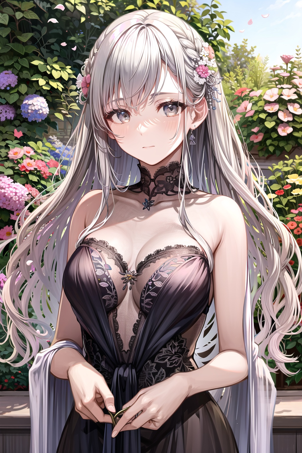 <lora:艺术家_puracotte3:1>, lace,ribbon,hanfu,(masterpiece, sidelighting, finely detailed beautiful gray eyes: 1.2), masterpiece, realistic, glowing eyes,shiny hair,white hair,long long hair, lustrous skin, solo, embarassed,Strapless,exquisite,beautifly,garden,flowers,flying petals