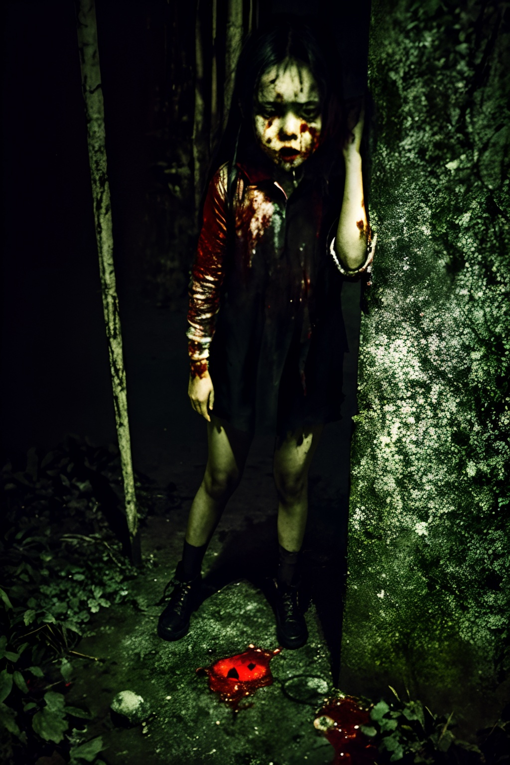 1girl,<lora:loneliness_15_v2>,night,dark,1girl,blood on face,scared,holding a bone,full body,outdoors,