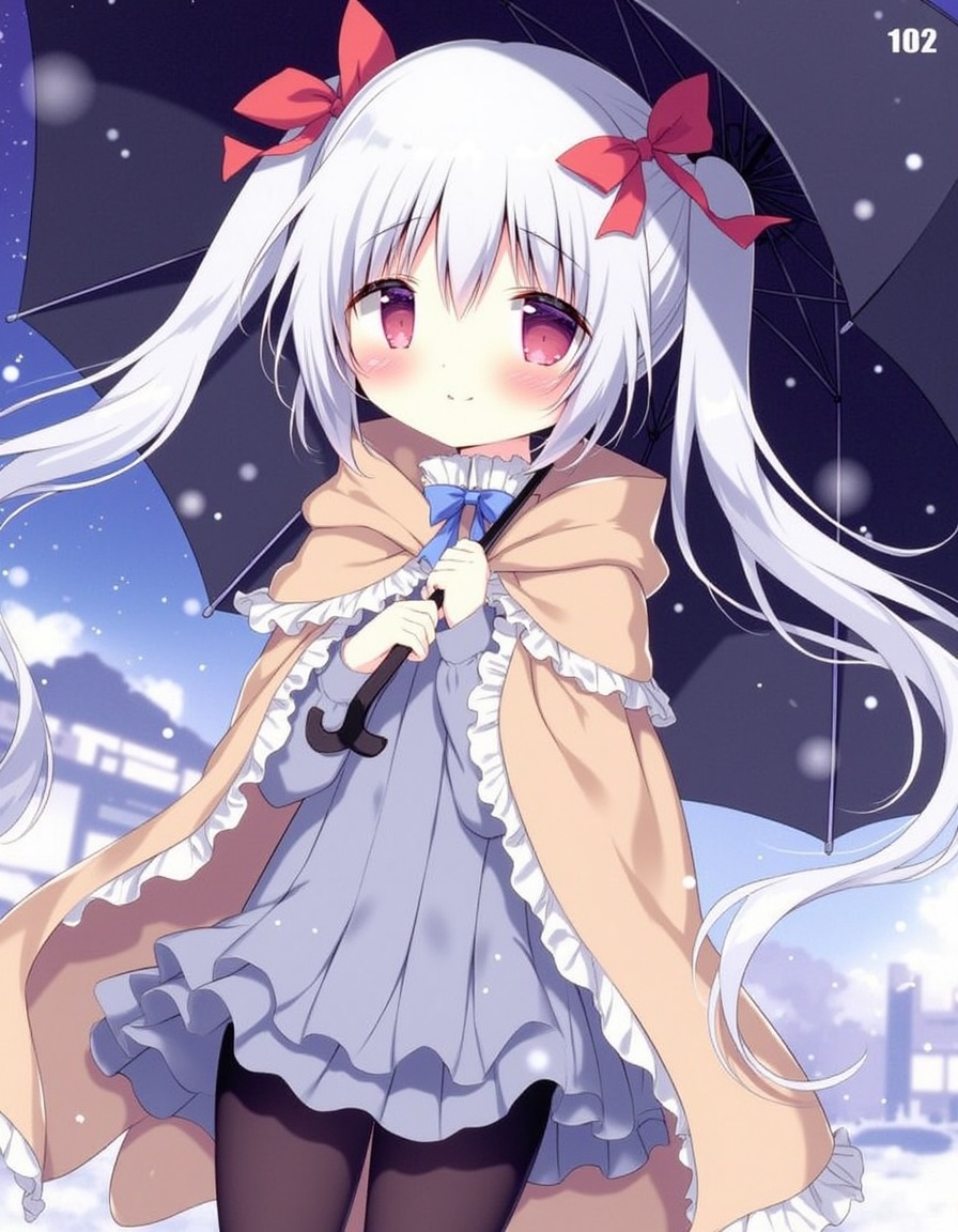shiratama_(shiratamaco), absurdres, highres, non-web_source, scan, 1girl, black_pantyhose, black_umbrella, blue_bow, blush, boots, bow, brown_cloak, brown_footwear, building, cloak, closed_mouth, dress, frilled_cloak, frills, grey_dress, hair_between_eyes, hair_bow, hair_ornament, hands_up, holding, holding_umbrella, hood, hood_down, hooded_cloak, long_hair, long_sleeves, night, outdoors, page_number, pantyhose, pleated_dress, red_bow, red_eyes, sidelocks, sleeves_past_wrists, smile, snowing, solo, twintails, two-handed, umbrella, very_long_hair, white_hair, x_hair_ornament, neri_(hoshishiro), comiket_103, hoshizora_tetsudou_to_shiro_no_tabi, year_2024,, <lora:flux-Shiratamaco-000008:1>