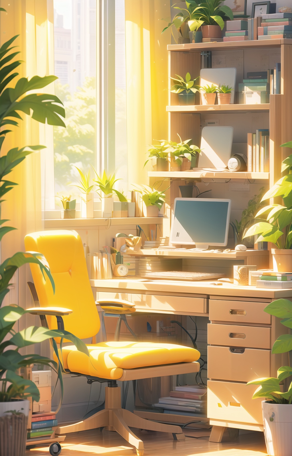 fangjian2, no humans, desk, scenery, book, plant, lamp, chair, window, computer, book stack, curtains, mouse \(computer\), indoors, clock, shelf, monitor,<lora:fangjian2:1>,