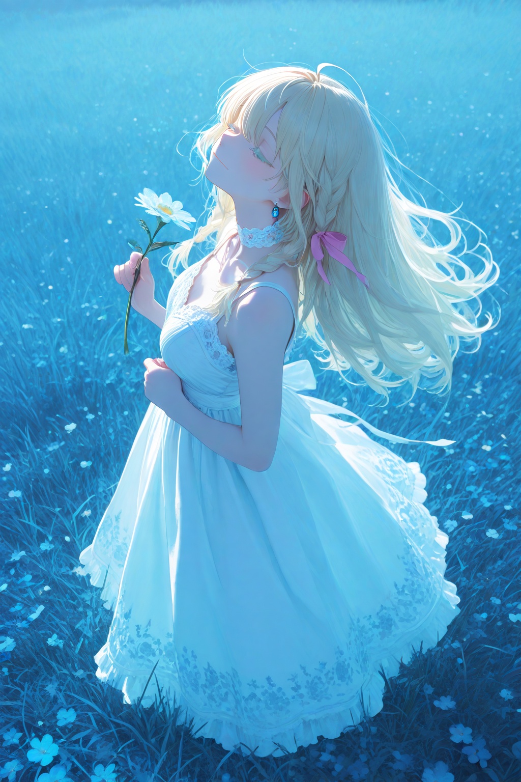 masterpiece,best quality,amazing quality,very aesthetic,absurdres,highres,newest,2024,HDR,8K,high detail,subtle,high contrast,real background,impasto,colorful depth,colorful lighting,high contrast,1girl,blue eyes,colored eyelashes,blonde hair,pink bow ribbon,ahoge,long hair,side braids,earrings,medium breasts,light smile,closed eyes,outdoors,summer dress,detailed embroidery,detailed cloth,white dress,frilled dress,choker,gold and green trim,bare shoulders,fantasy anime style,strong contrast,floating hair,hair over own face,cinematic composition,holding flower,happy atmosphere,light blue background,blue theme,side view,Grass and flower decoration at the edge of the screen,blue gradient,from above,