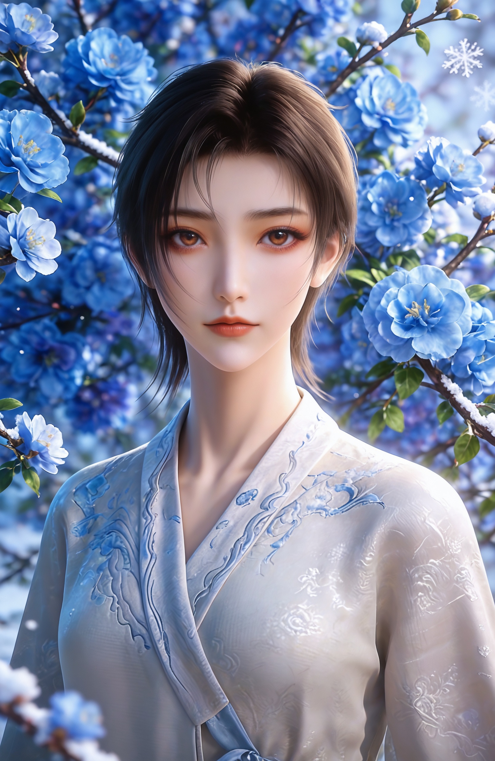 <lora:神墓-龙舞-睡衣Pony:0.7>  1girl,short hair,, black hair, brown eyes,korean clothes,, long sleeves, see-through, white pants, blue shoes,, realistic style,white background,upper body,looking at viewer,dynamic posture,, realistic style photo,outstanding style,adding a touch of dimension to your images without compromising details,whirls of vapor,ethereal ambiance,delicate details,magical atmosphere,concept art,highly detailed,ultra-high resolution,32K UHD,sharp focus,best-quality,masterpiece,golden hour,unconventional supreme masterpiece,masterful details,temperate atmosphere,with a high-end texture,in the style of fashion photography,magazine style,Dynamic Angle,Dynamic posture,(cowboy_shot:1.2),depth of field,lens flare,extreme aesthetic,masterpiece,best quality,good quality,newest,year 2025,very aesthetic,absurdres,Visual impact,A shot with tension,ultra-high resolution,32K UHD,sharp focus,best-quality,masterpiece,Emotionalization,unconventional supreme masterpiece,masterful details,temperate atmosphere,with a high-end texture,in the style of fashion photography,(Visual impact:1.2),giving the poster a dynamic and visually striking appearance,, solo,  upper body, blue flower, looking at viewer, snowflakes, closed mouth, branch,