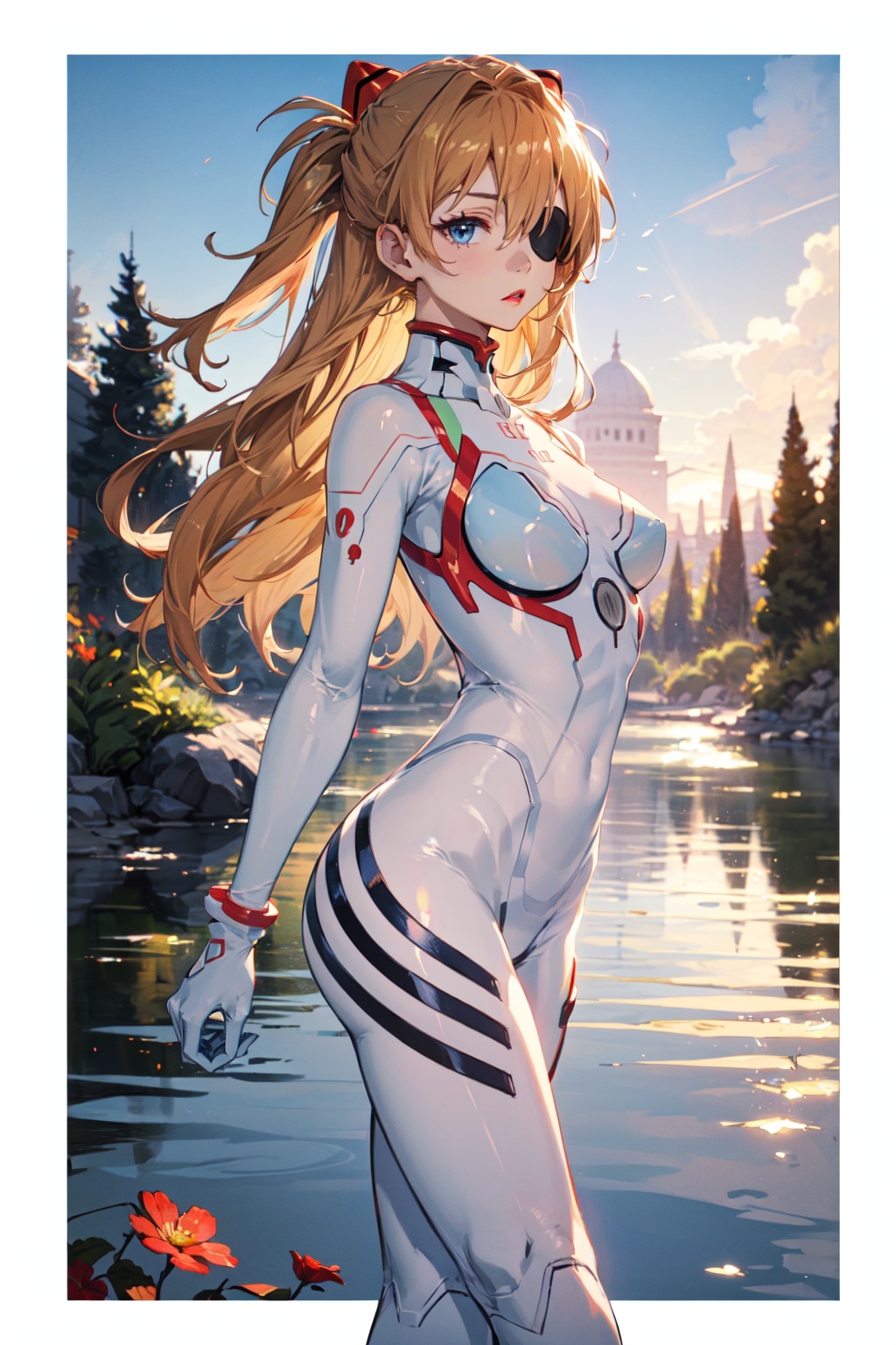 <lora:Asuka-000018:0.8>,Asuka CYQL,1girl,looking at viewer,solo,long hair,blue eyes,interface headset,brown hair,orange hair,hair between eyes,two side up,medium breasts,(Asuka White,eyepatch,plugsuit,bodysuit,white bodysuit,skin tight),(happy:1.2),beautiful face,beautiful eyes,glossy skin,shiny skin,(panorama,from_side,running:1.2),arms behind back,Lake, Cabin, Golden hour, Reflections, Tranquility, Coziness,plum_blossom,beautiful detailed sky,beautiful detailed glow,(English text:1.3),(border:1.5),posing in front of a colorful and dynamic background,(masterpiece, best quality, beautiful and aesthetic:1.3),contrapposto,female focus,fine fabric emphasis,wallpaper,fashion,Lipstick,depth of field,intricate_detail,finely_detailed,fine_fabric_emphasis,(glossy),<lora:增强减少细节add_detail:0.3>,