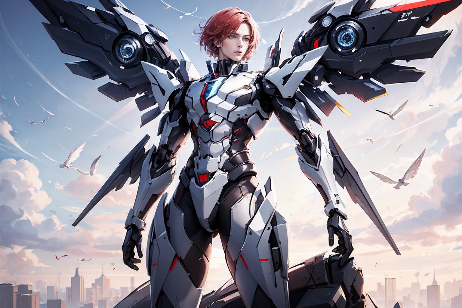 1boy,concept artwork,red hair,(a lonely solo boy:1.4),sky,wing,sitting on the ground,wings with fans,graphics card fan,strong male mecha warrior,mighty and domineering,cool mecha,32k,blue and white color scheme,white armor,<lora:atai_20240121203524-000008:0.7>,white_background,standing,cowboy_shot,