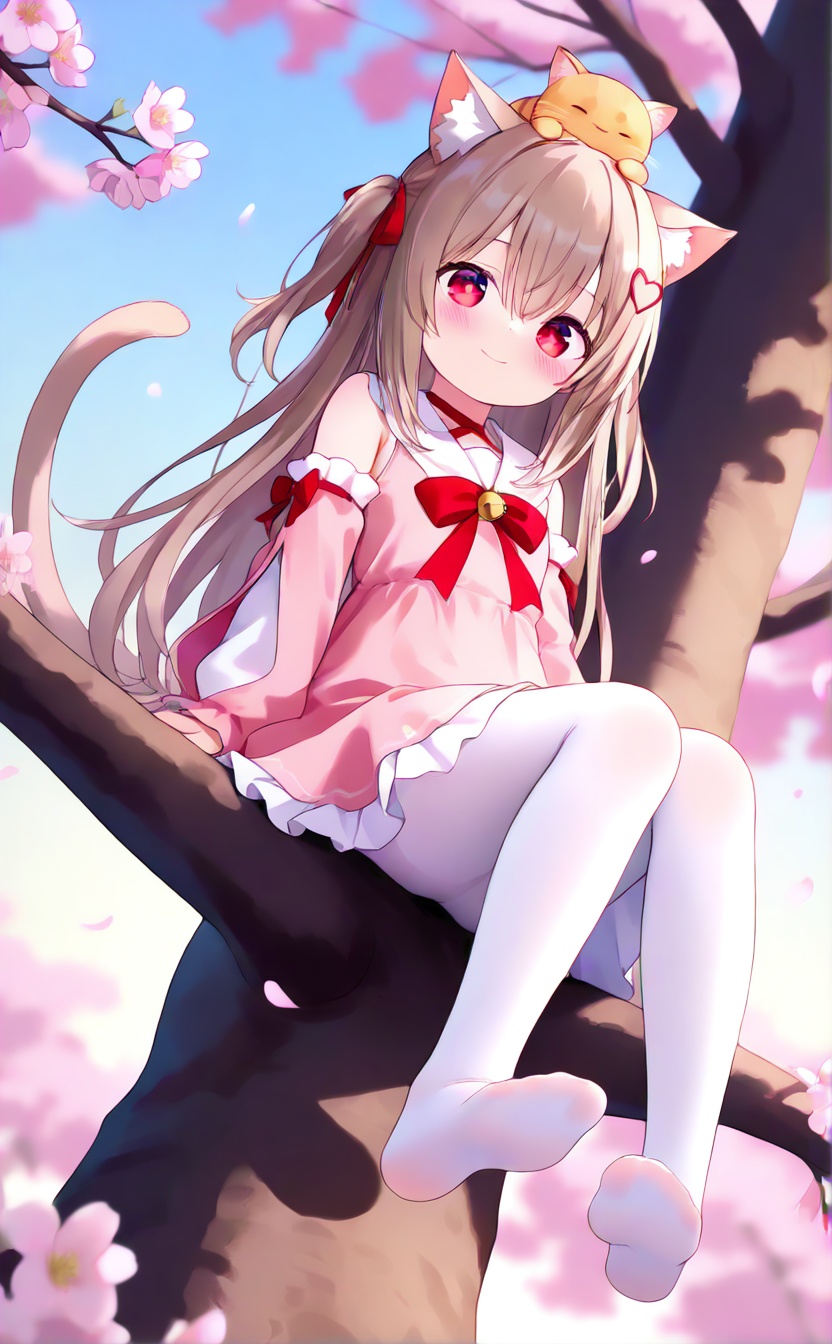 masterpiece,very aware,highres,absurdres,newest,best quality,loli,petite,high quality,chromatic_aberration,cinematic_angle,dutch angle,blurry_foreground,A light gradient background with white on top and brown at the bottom,student,"Girl",//,1girl,animal ears,no shoes,long hair,feet,solo,pantyhose,loli,sitting,red eyes,soles,bangs,hair ornament,looking at viewer,brown hair,cat ears,white pantyhose,cat,animal ear fluff,toes,detached sleeves,bow,blush,skirt,heart,ribbon,tree,animal on head,dress,very long hair,animal,closed mouth,outdoors,red ribbon,cherry blossoms,pink dress,full body,bell,tail,on head,smile,long sleeves,hair between eyes,heart hair ornament,bare shoulders,blurry,branch,red bow,in tree,sitting in tree,legs,flower,//,//,official art,blurry background,depth of field,detailed light,best shadow,shiny skin,cinematic lighting,ray tracing,amazing quality,very aesthetic,absurdres,beast quality,ultra detailed,newest,8K,HDR,full_shot,//,<lora:lora:1>,